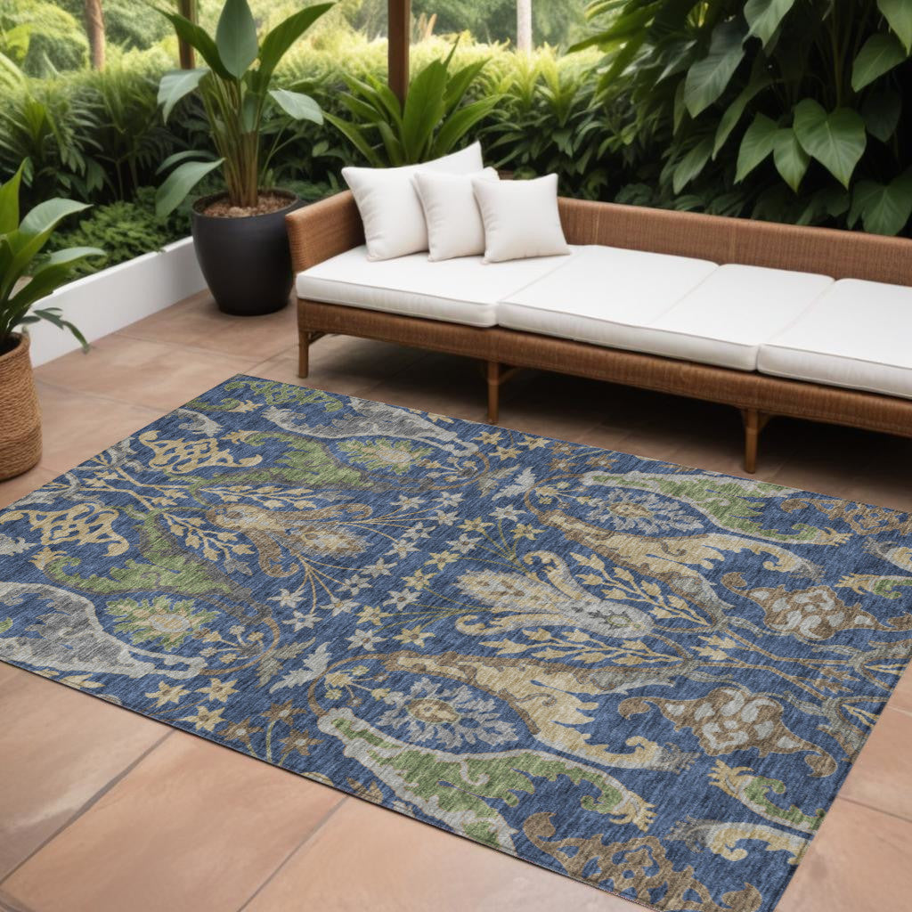 10' X 14' Navy Blue Green And Brown Floral Washable Indoor Outdoor Area Rug - GreatEagleInc