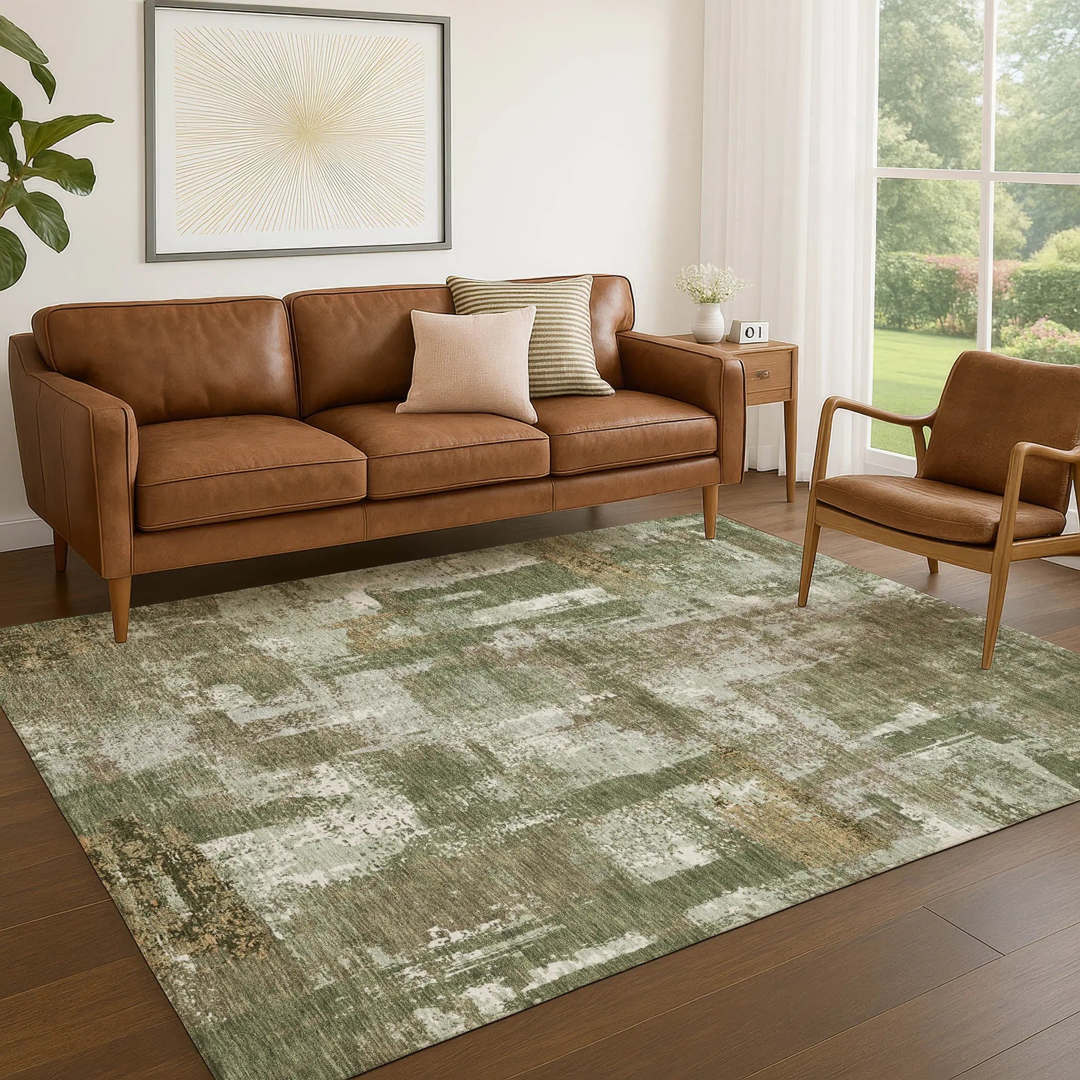 10' X 14' Olive Green And Beige Abstract Washable Indoor Outdoor Area Rug Homeroots Outdoor