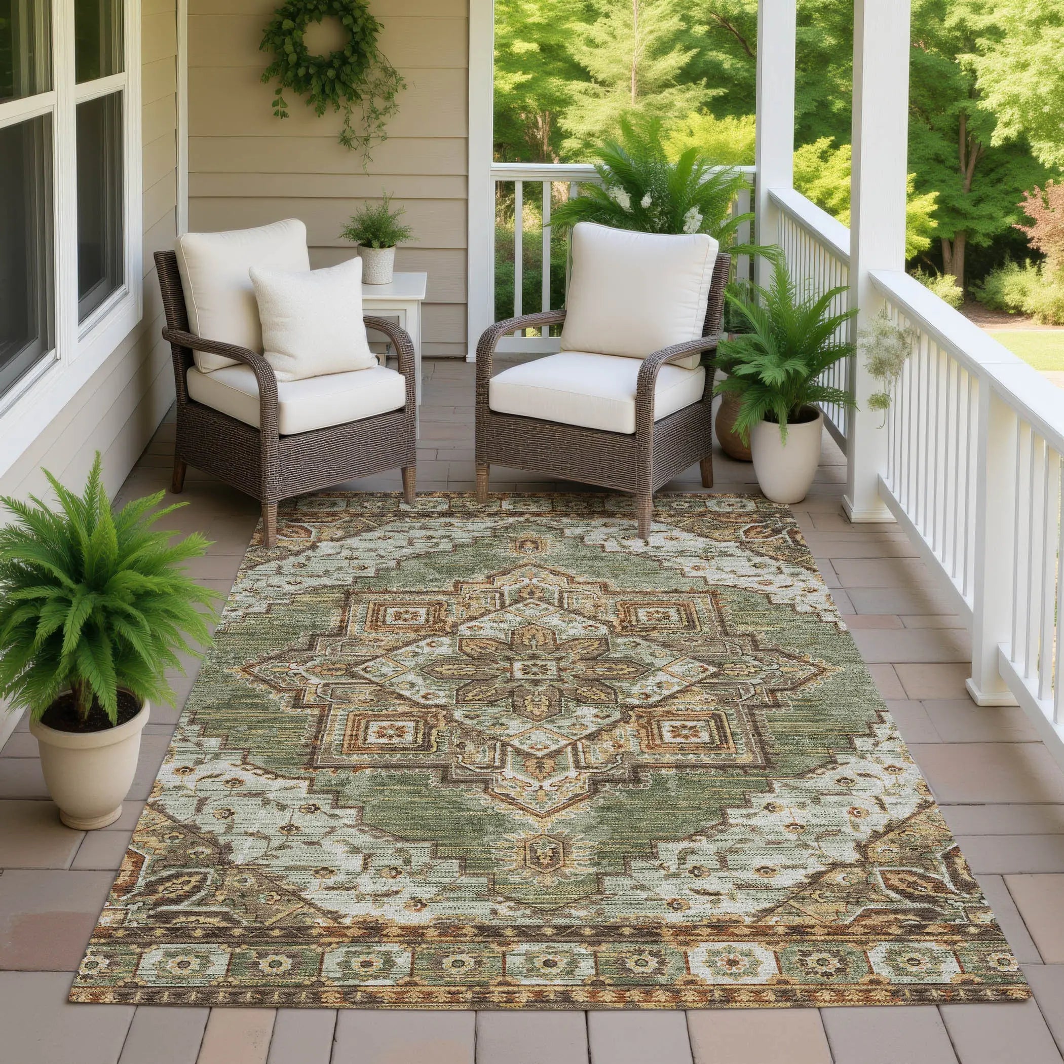 10' X 14' Olive Green And Blue Oriental Washable Indoor Outdoor Area Rug Homeroots Outdoor