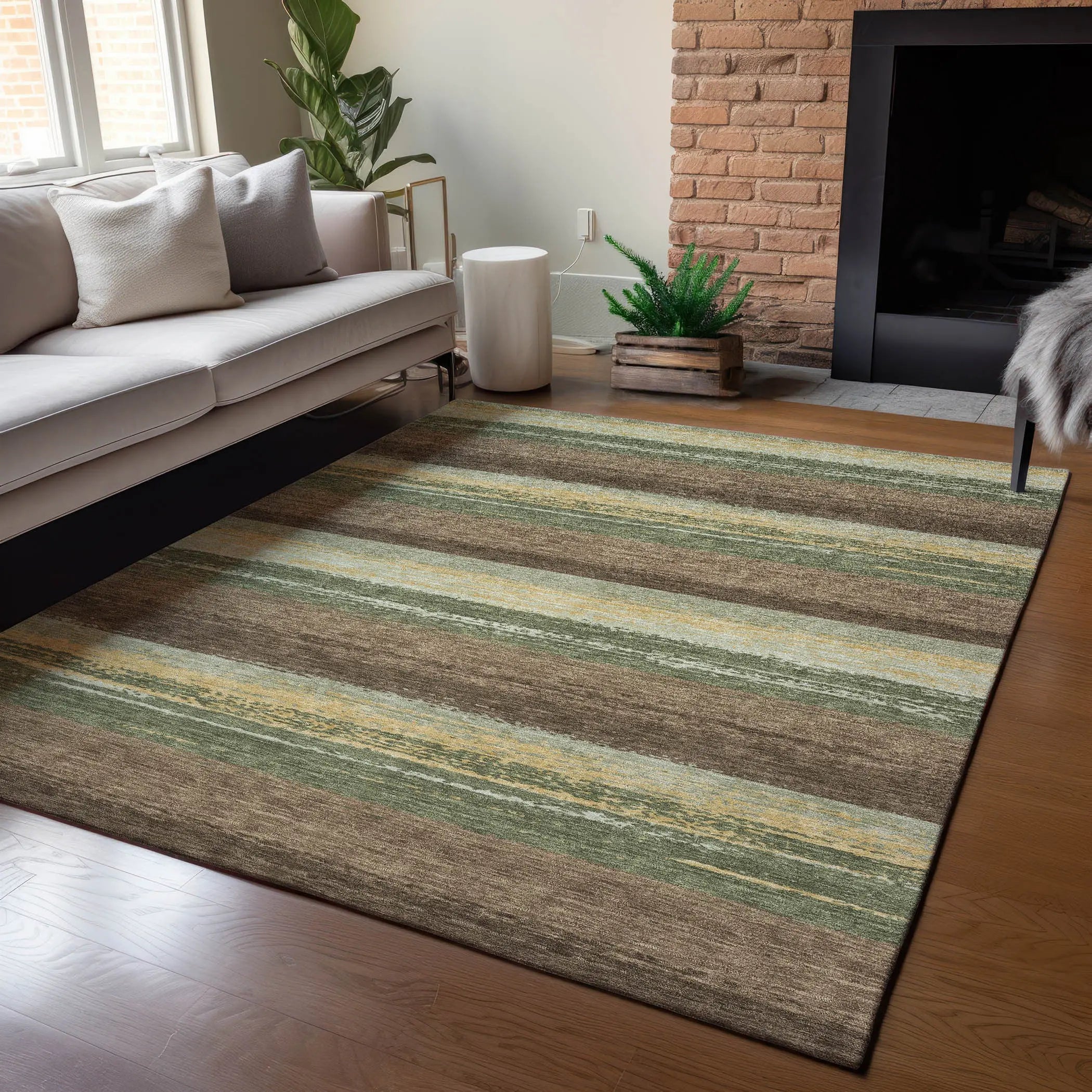 10' X 14' Olive Green And Blue Striped Washable Indoor Outdoor Area Rug Homeroots Outdoor