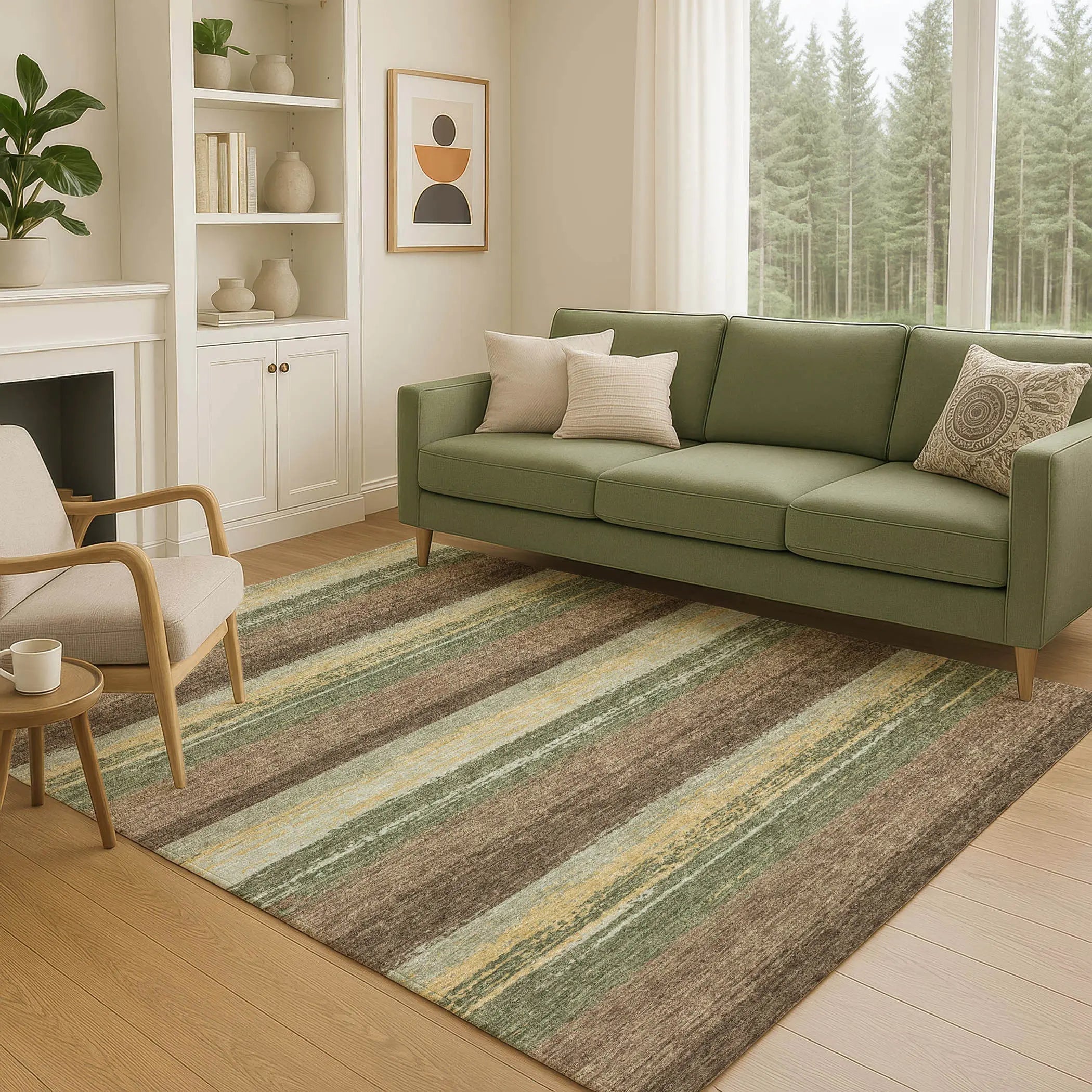 10' X 14' Olive Green And Blue Striped Washable Indoor Outdoor Area Rug Homeroots Outdoor