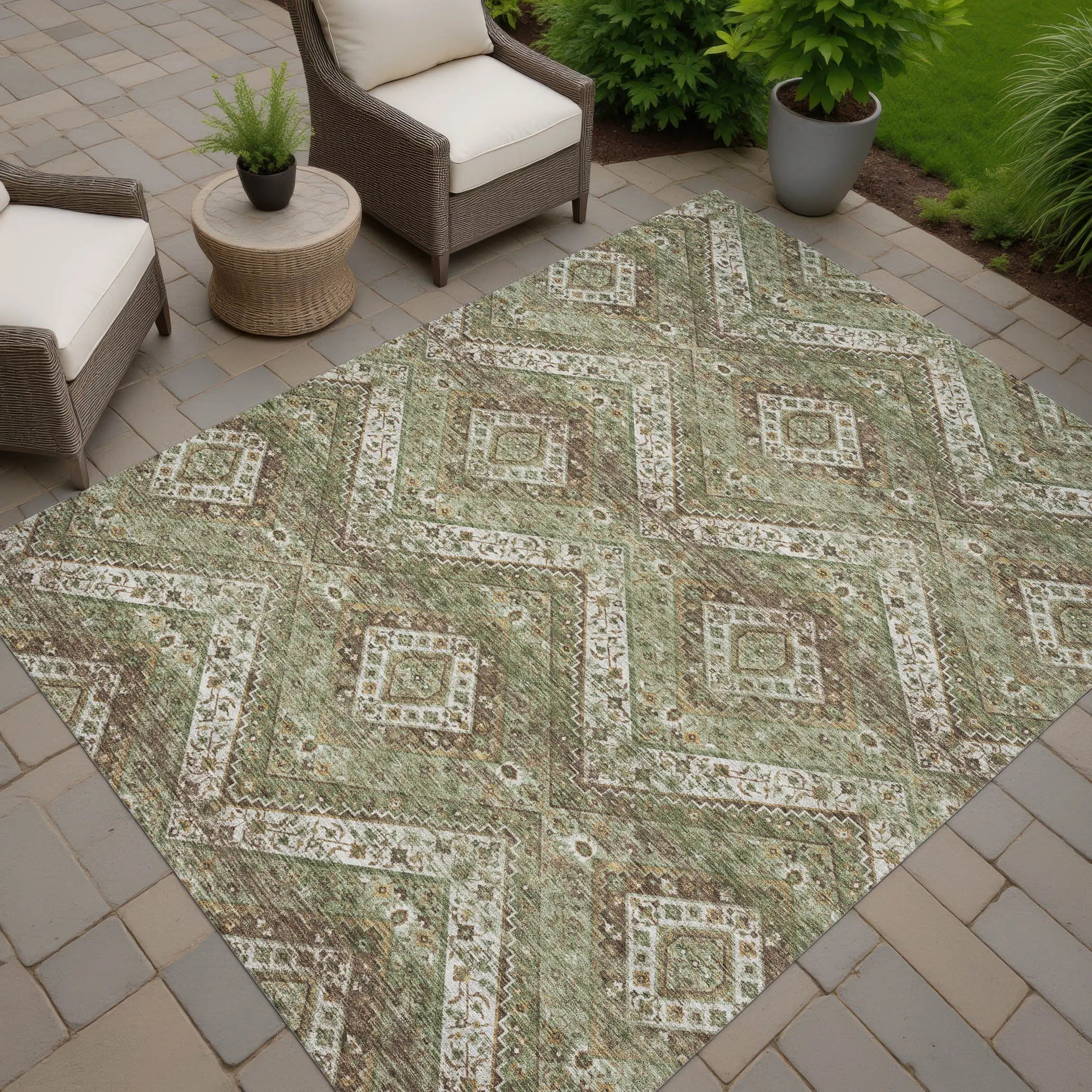 10' X 14' Olive Green And Blue Tribal Washable Indoor Outdoor Area Rug Homeroots Outdoor