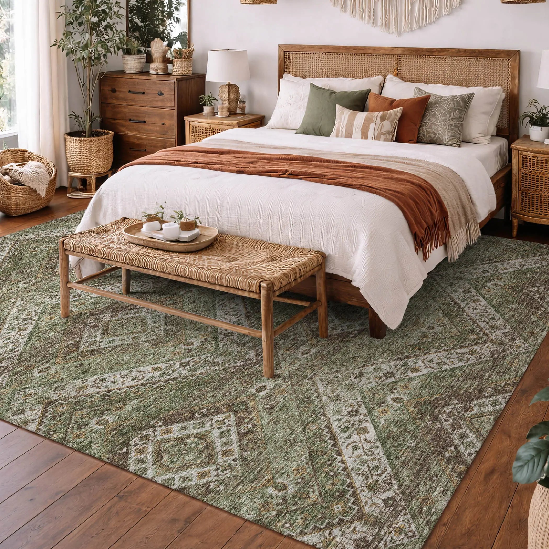 10' X 14' Olive Green And Blue Tribal Washable Indoor Outdoor Area Rug Homeroots Outdoor