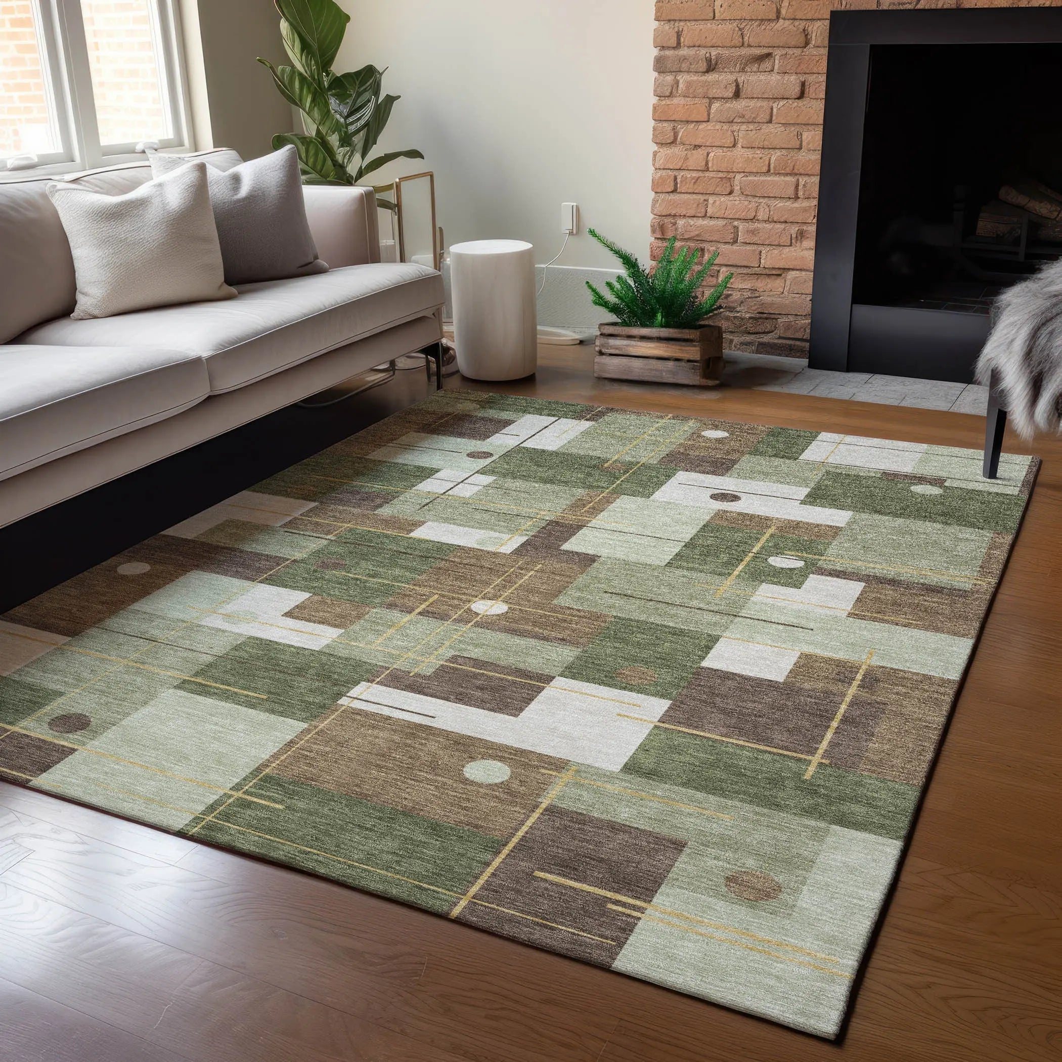 10' X 14' Olive Green And Brown Geometric Washable Indoor Outdoor Area Rug Homeroots Outdoor