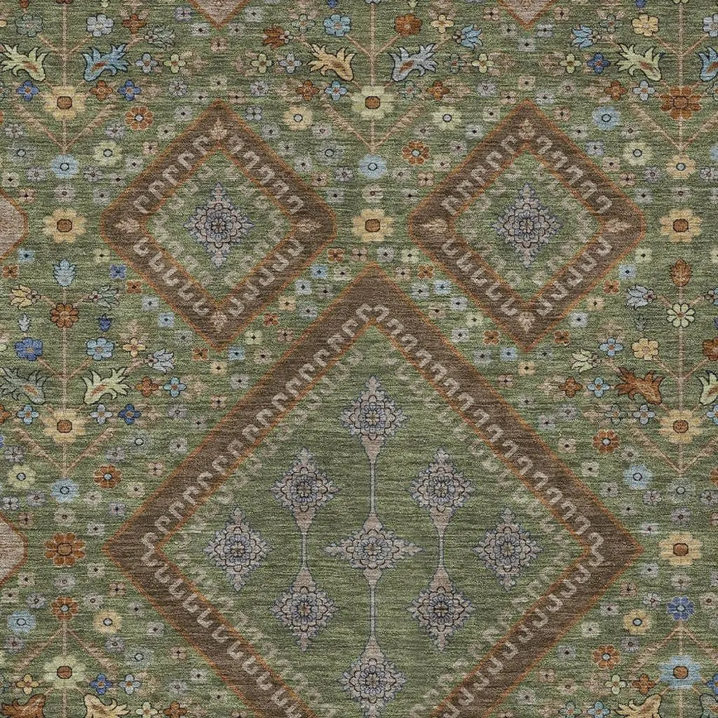 10' X 14' Olive Green And Chocolate Medallion Washable Indoor Outdoor Area Rug Homeroots Outdoor