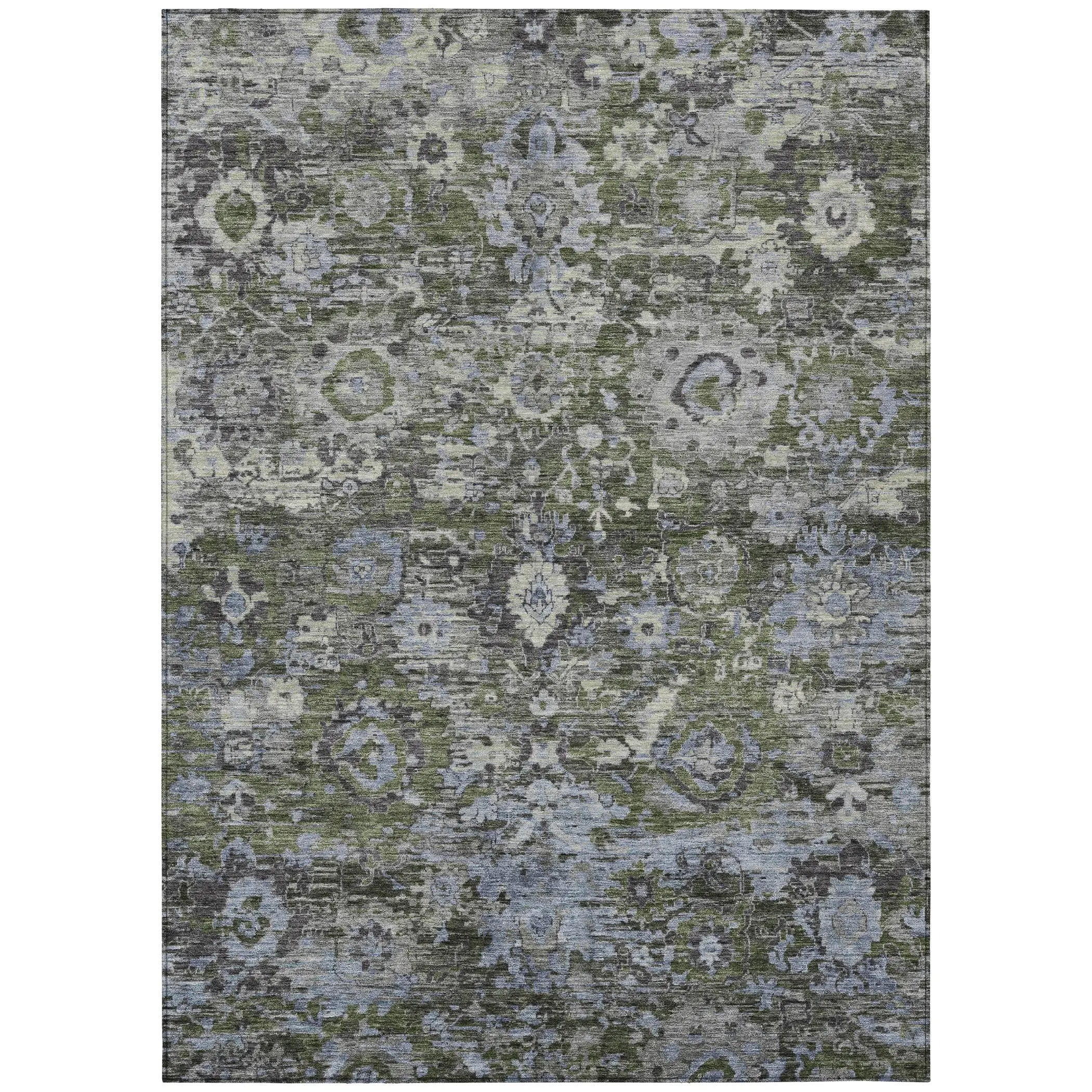 10' X 14' Olive Green And Denim Blue Floral Washable Indoor Outdoor Area Rug Homeroots Outdoor