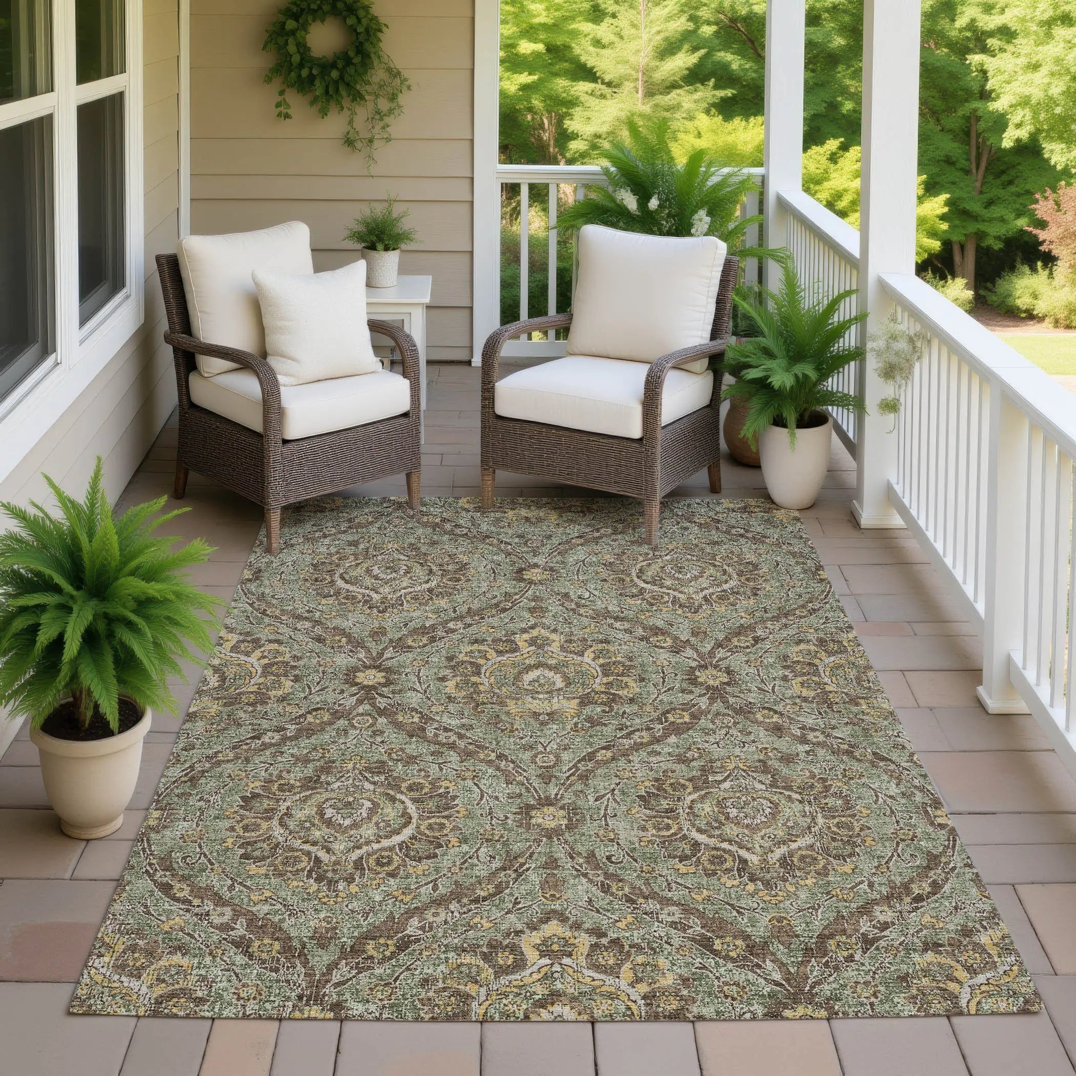 10' X 14' Olive Green And Granite Gray Floral Washable Indoor Outdoor Area Rug Homeroots Outdoor