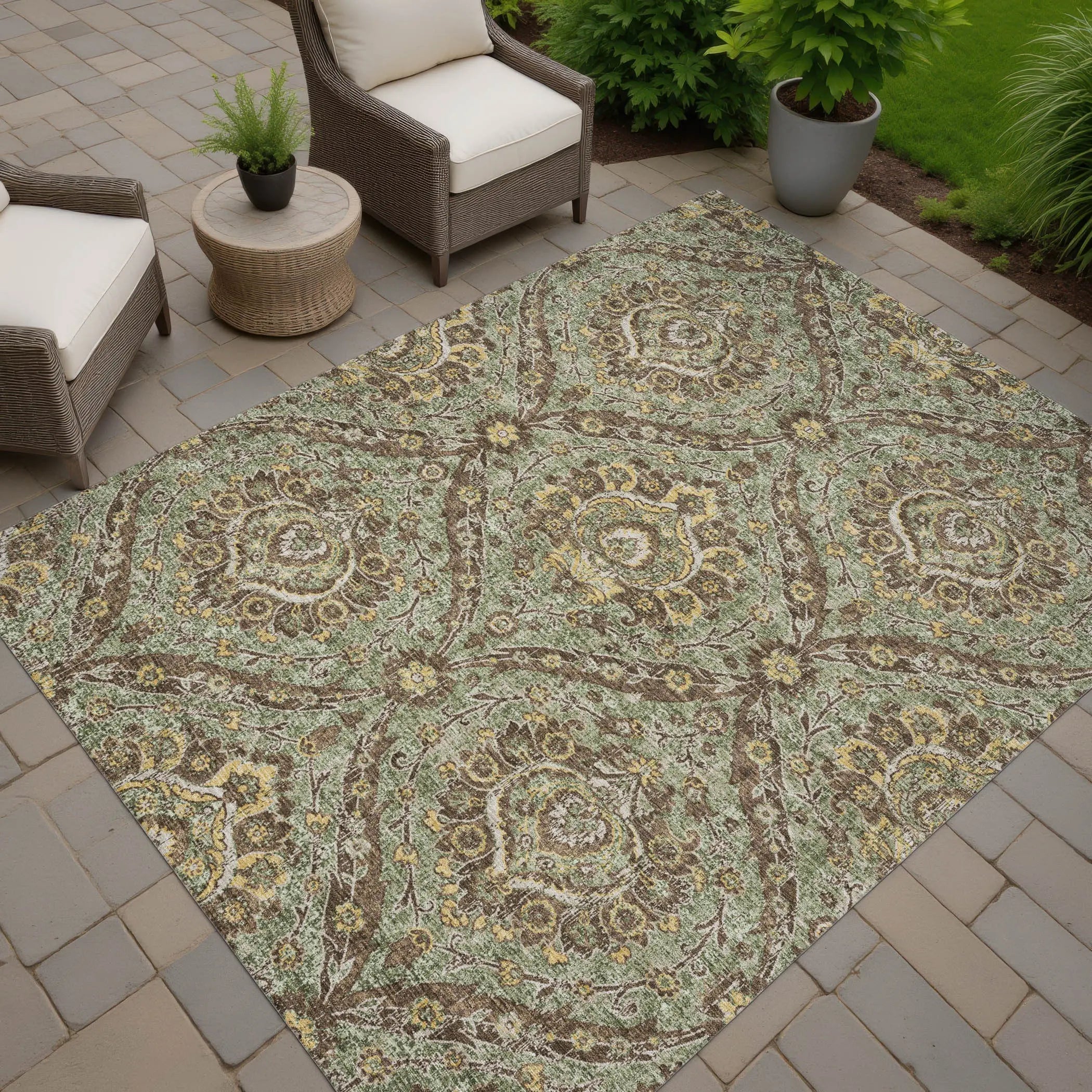 10' X 14' Olive Green And Granite Gray Floral Washable Indoor Outdoor Area Rug Homeroots Outdoor