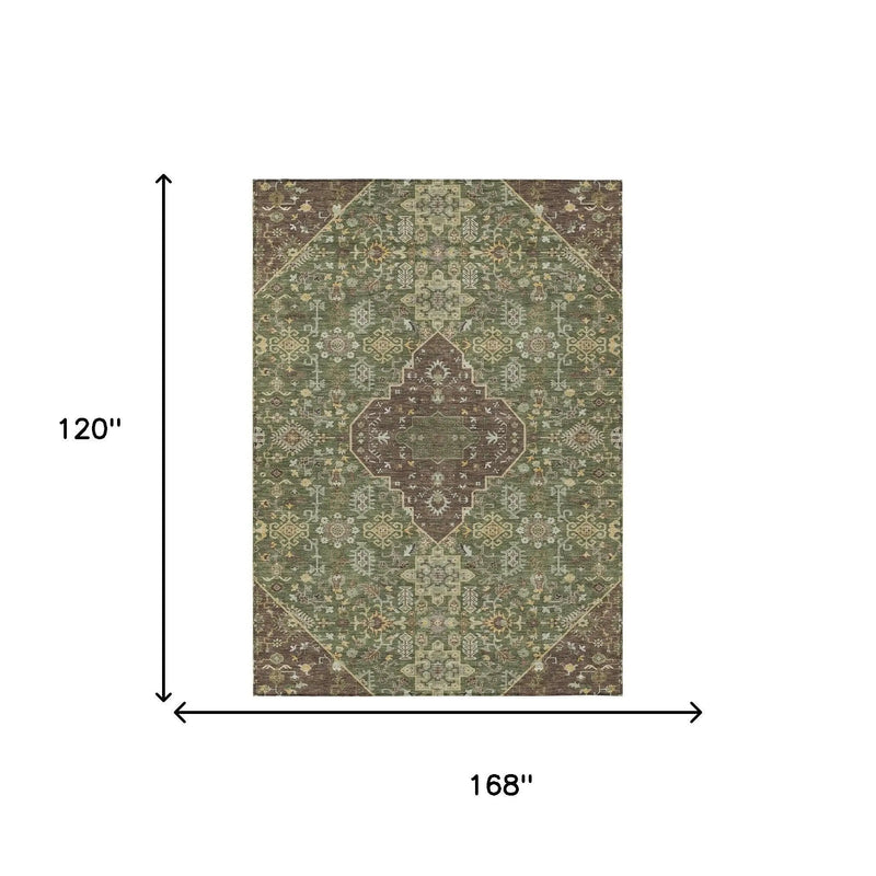 10' X 14' Olive Green And Gray Medallion Washable Indoor Outdoor Area Rug Homeroots Outdoor