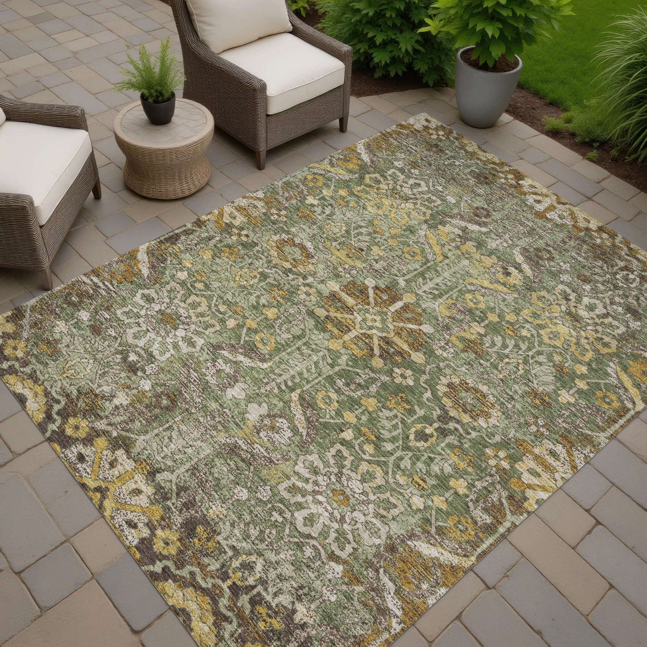 10' X 14' Olive Green And Green Damask Washable Indoor Outdoor Area Rug Homeroots Outdoor