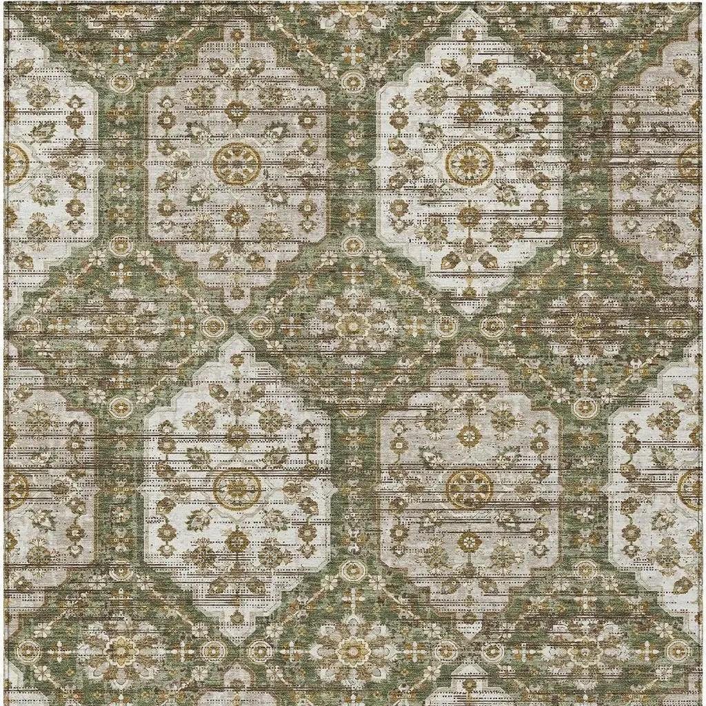 10' X 14' Olive Green And Green Damask Washable Indoor Outdoor Area Rug Homeroots Outdoor