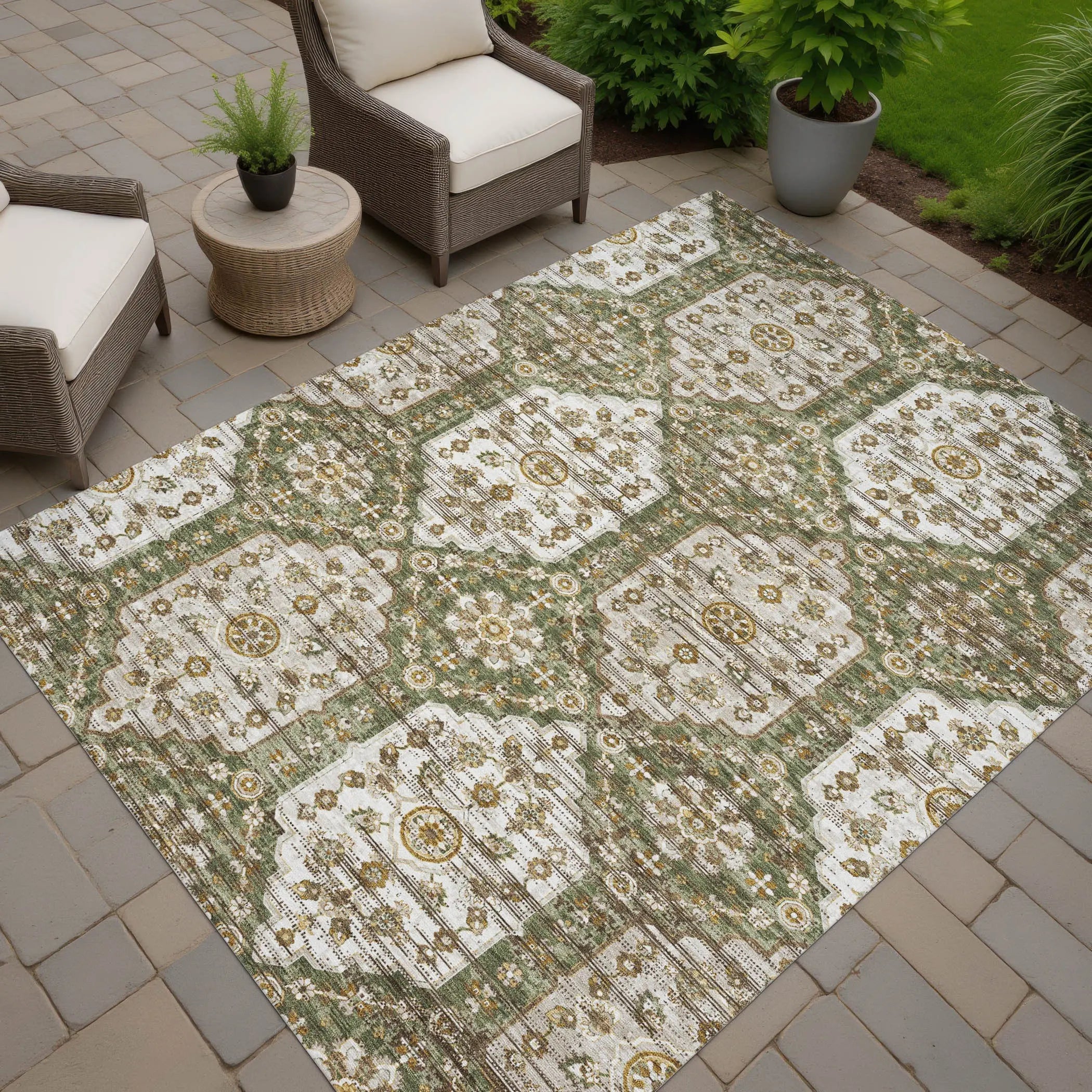 10' X 14' Olive Green And Green Damask Washable Indoor Outdoor Area Rug Homeroots Outdoor