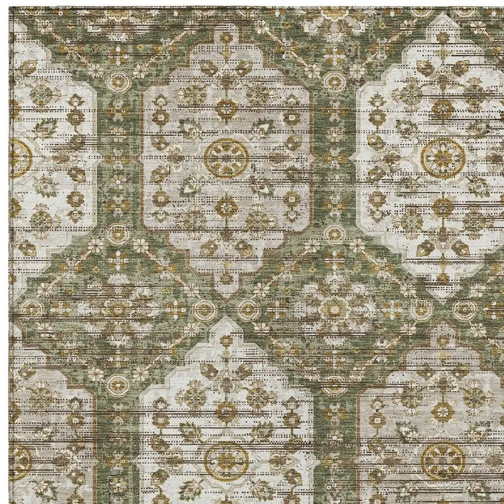 10' X 14' Olive Green And Green Damask Washable Indoor Outdoor Area Rug Homeroots Outdoor