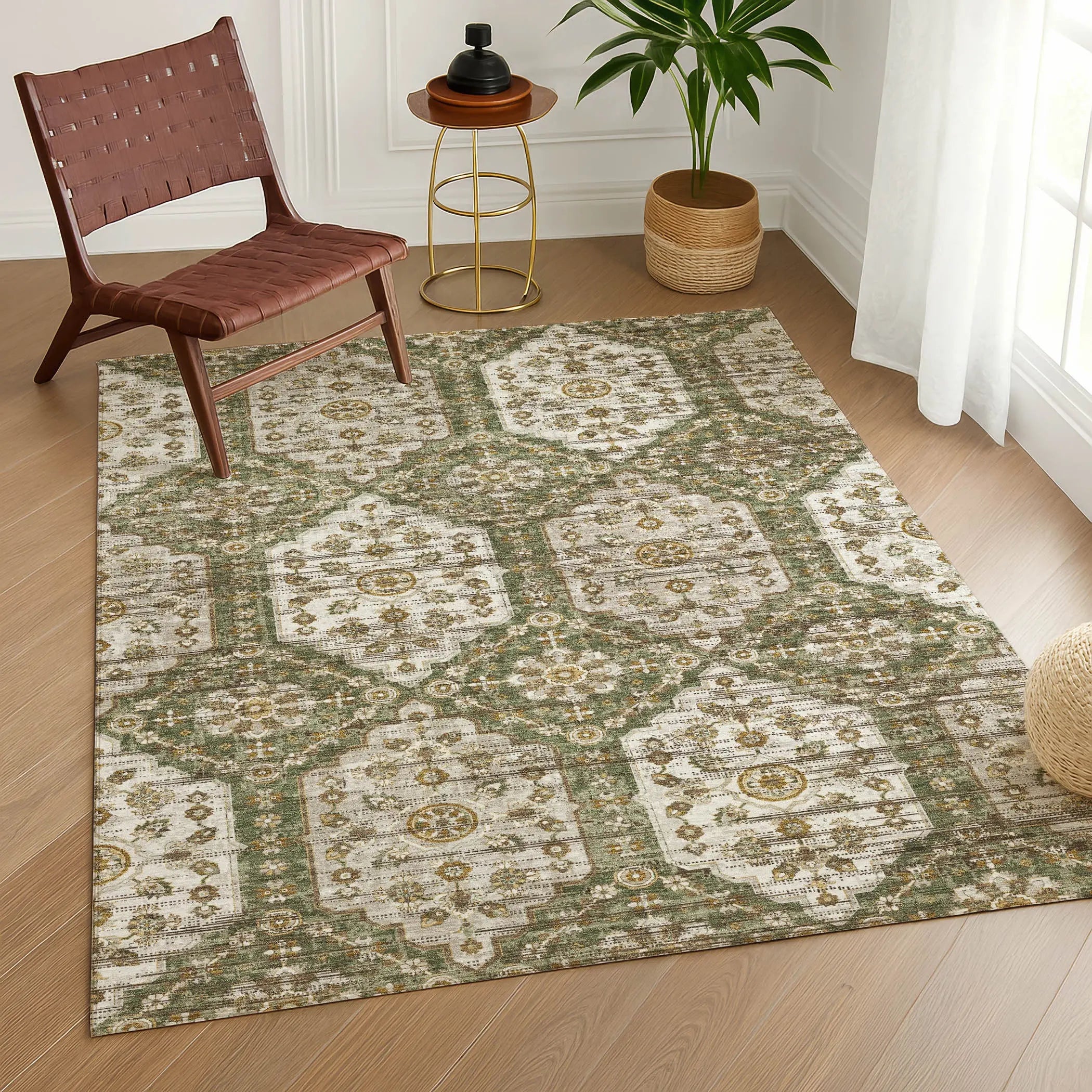 10' X 14' Olive Green And Green Damask Washable Indoor Outdoor Area Rug Homeroots Outdoor
