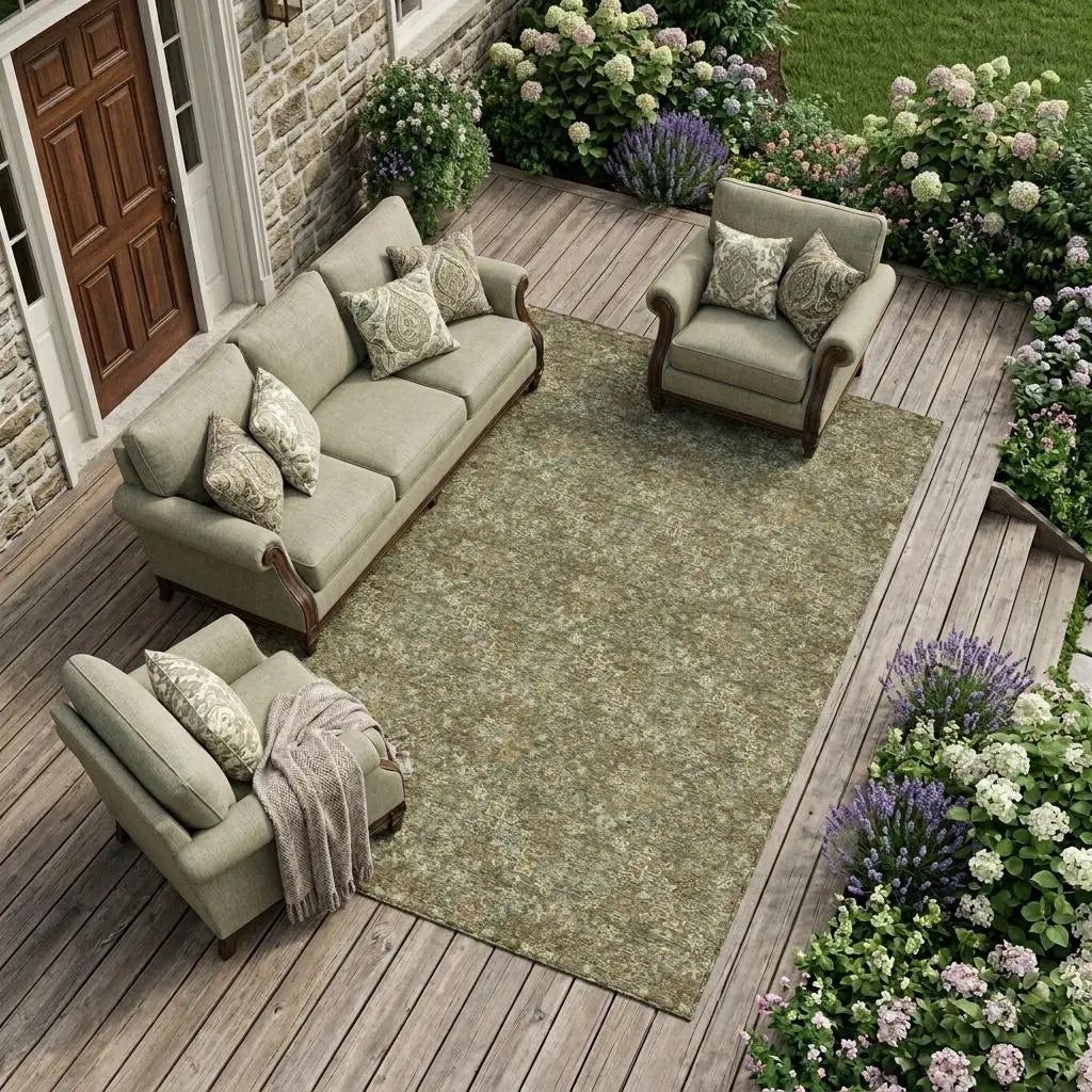 10' X 14' Olive Green And Green Damask Washable Indoor Outdoor Area Rug Homeroots Outdoor