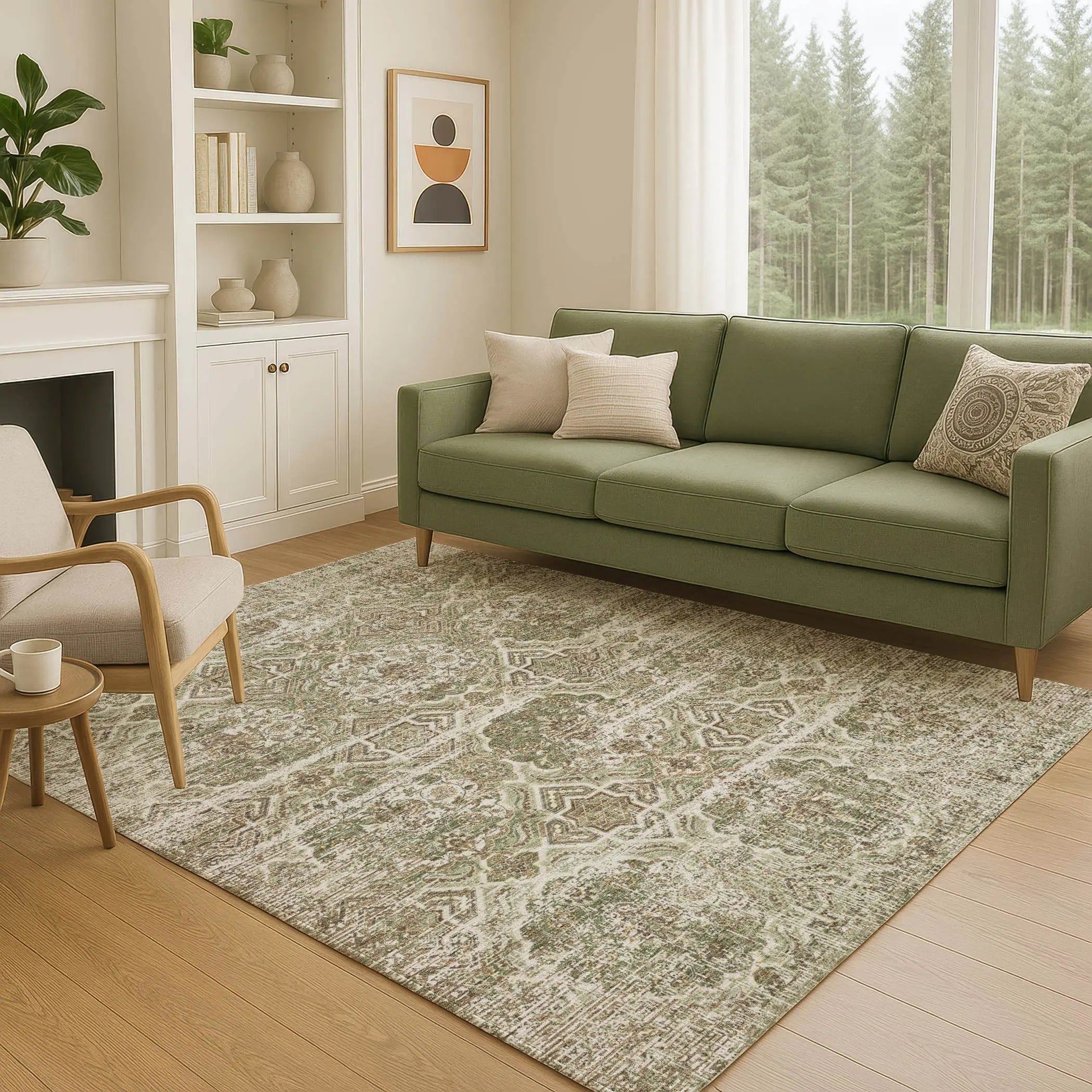 10' X 14' Olive Green And Green Floral Washable Indoor Outdoor Area Rug Homeroots Outdoor