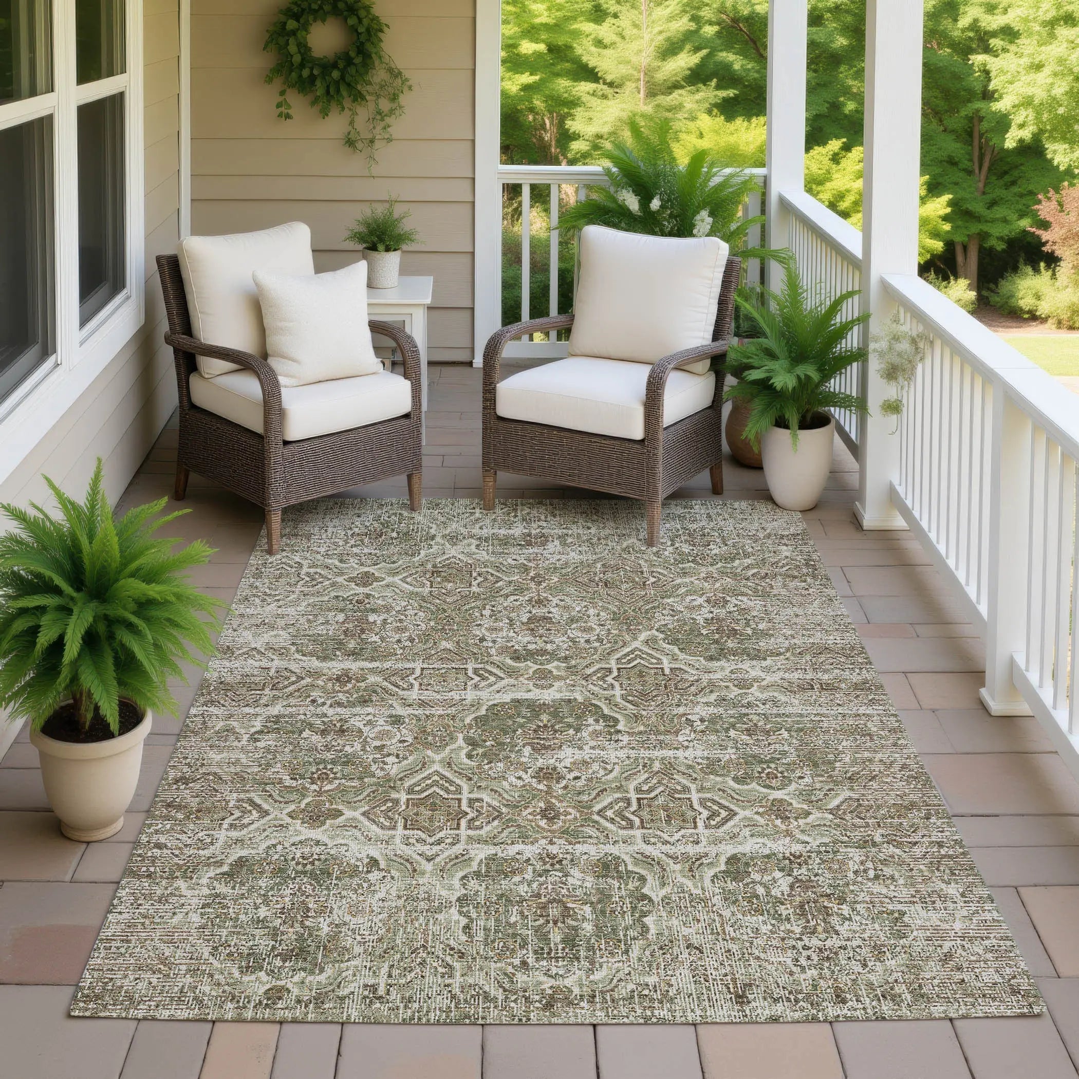 10' X 14' Olive Green And Green Floral Washable Indoor Outdoor Area Rug Homeroots Outdoor