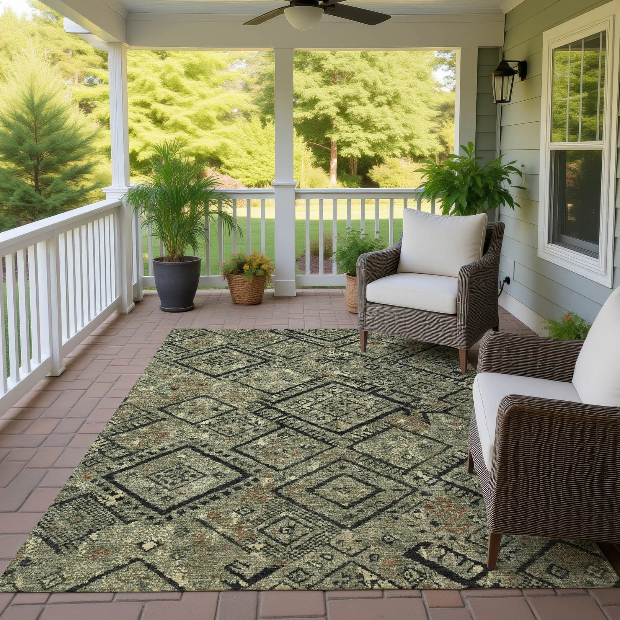 10' X 14' Olive Green And Green Geometric Washable Indoor Outdoor Area Rug Homeroots Outdoor