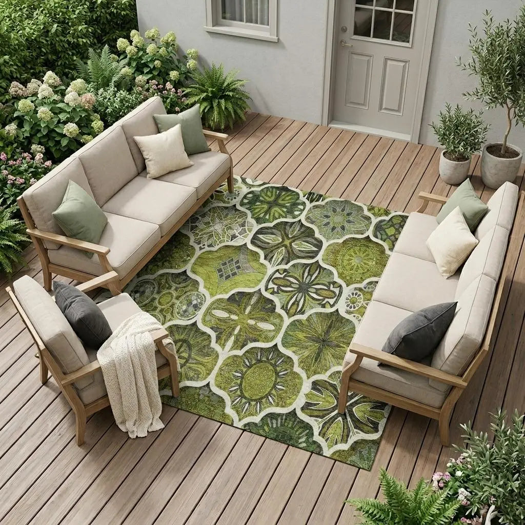 10' X 14' Olive Green And Green Ogee Washable Indoor Outdoor Area Rug Homeroots Outdoor