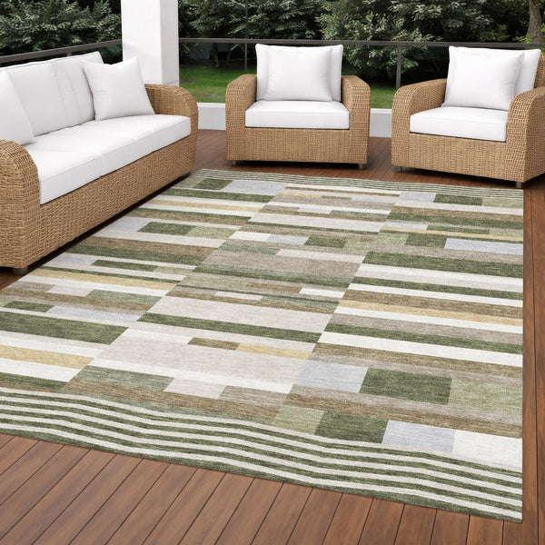 10' X 14' Olive Green And Green Striped Washable Indoor Outdoor Area Rug Homeroots Outdoor