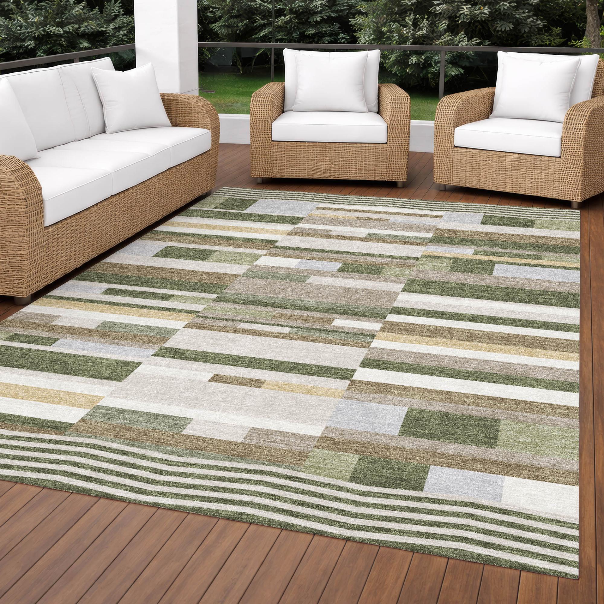 10' X 14' Olive Green And Green Striped Washable Indoor Outdoor Area Rug Homeroots Outdoor