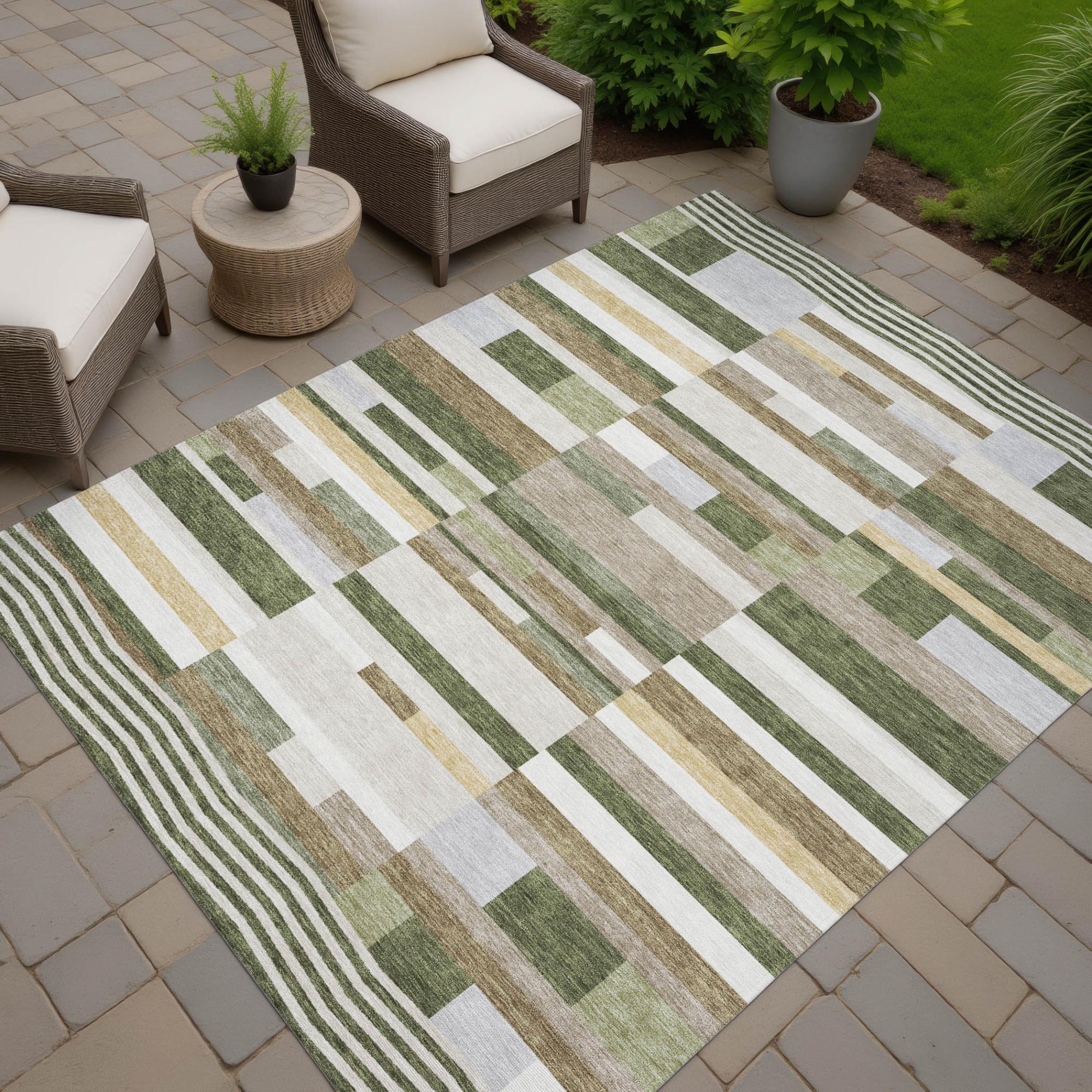 10' X 14' Olive Green And Green Striped Washable Indoor Outdoor Area Rug Homeroots Outdoor