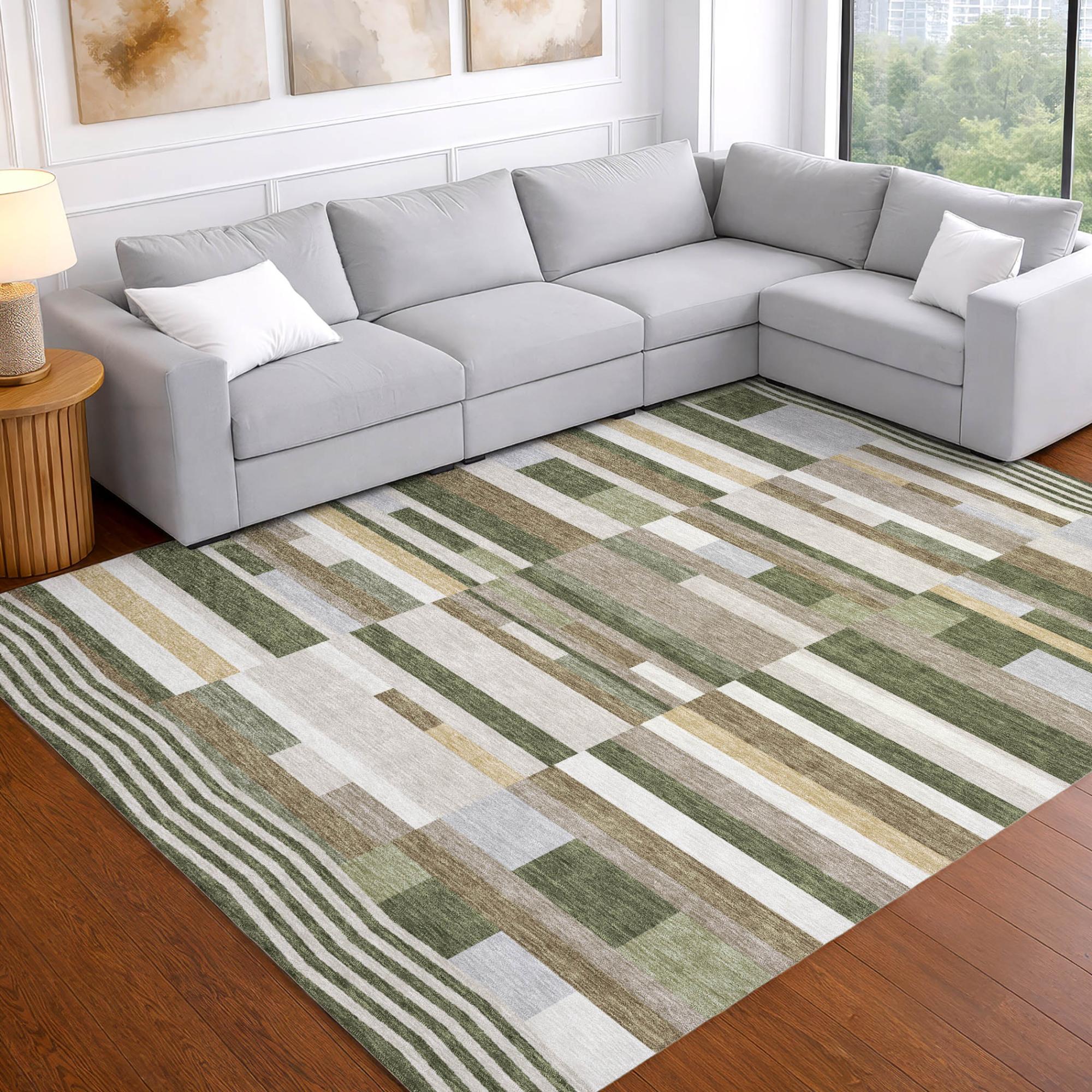 10' X 14' Olive Green And Green Striped Washable Indoor Outdoor Area Rug Homeroots Outdoor