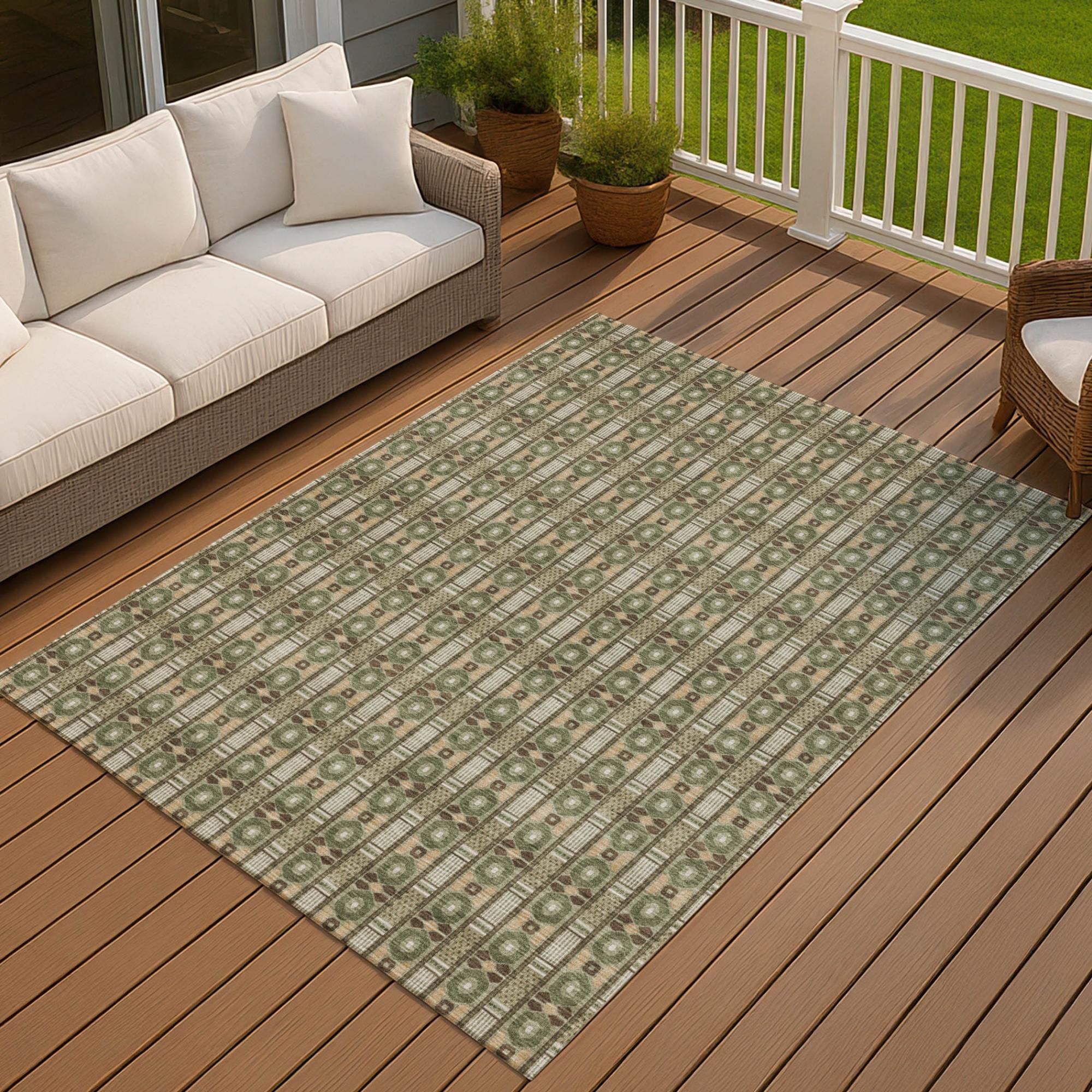 10' X 14' Olive Green And Green Striped Washable Indoor Outdoor Area Rug Homeroots Outdoor