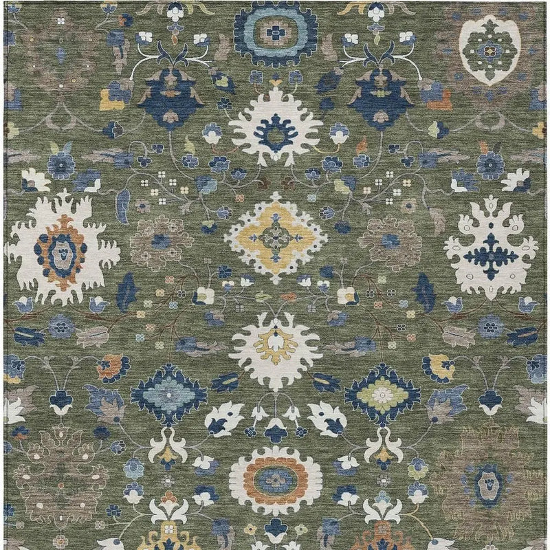 10' X 14' Olive Green And Ivory Floral Medallion Washable Indoor Outdoor Area Rug Homeroots Outdoor