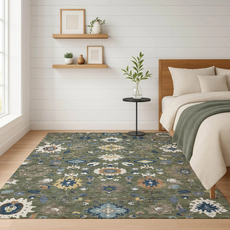10' X 14' Olive Green And Ivory Floral Medallion Washable Indoor Outdoor Area Rug Homeroots Outdoor