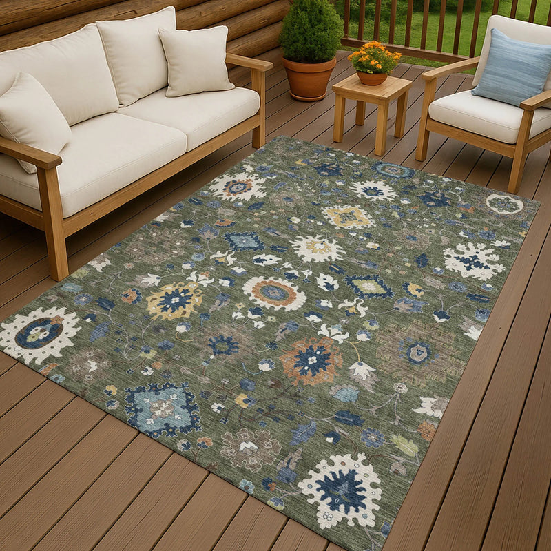 10' X 14' Olive Green And Ivory Floral Medallion Washable Indoor Outdoor Area Rug Homeroots Outdoor