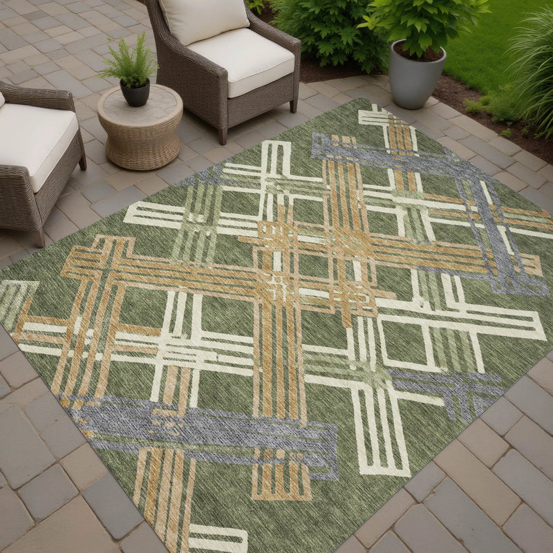 10' X 14' Olive Green And Ivory Geometric Washable Indoor Outdoor Area Rug Homeroots Outdoor