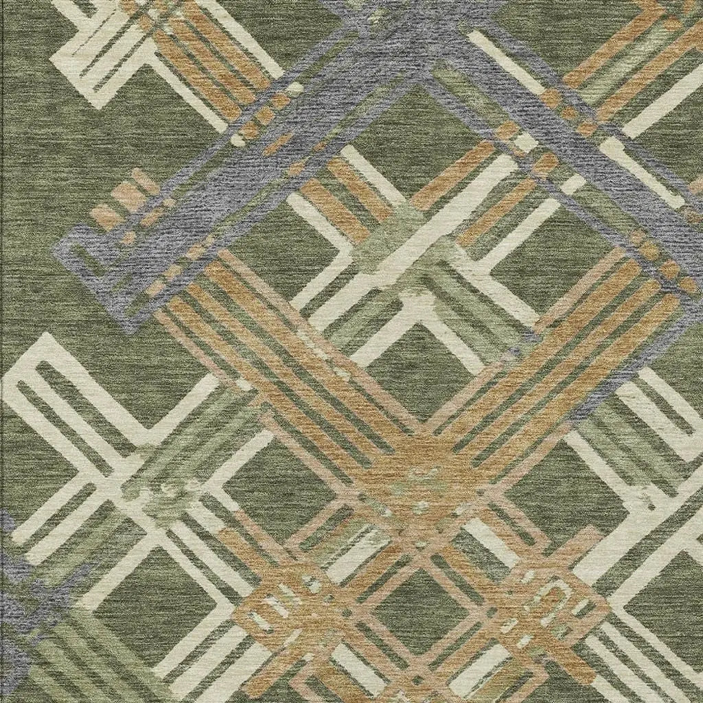 10' X 14' Olive Green And Ivory Geometric Washable Indoor Outdoor Area Rug Homeroots Outdoor
