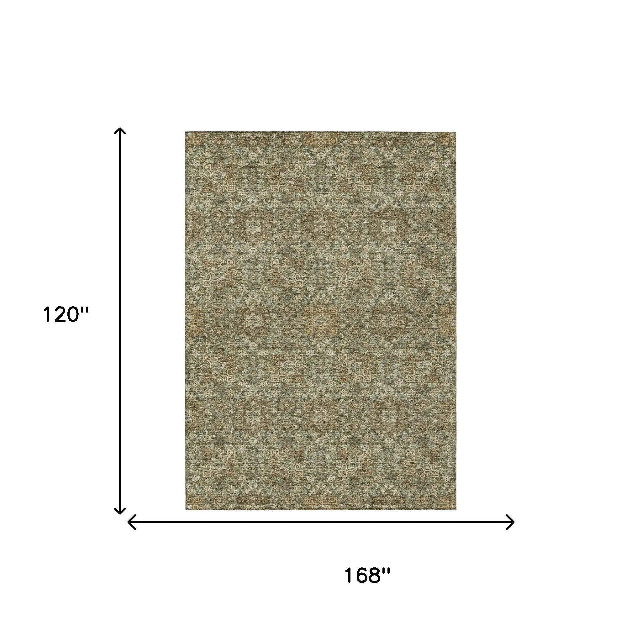10' X 14' Olive Green And Ivory Oriental Washable Indoor Outdoor Area Rug Homeroots Outdoor