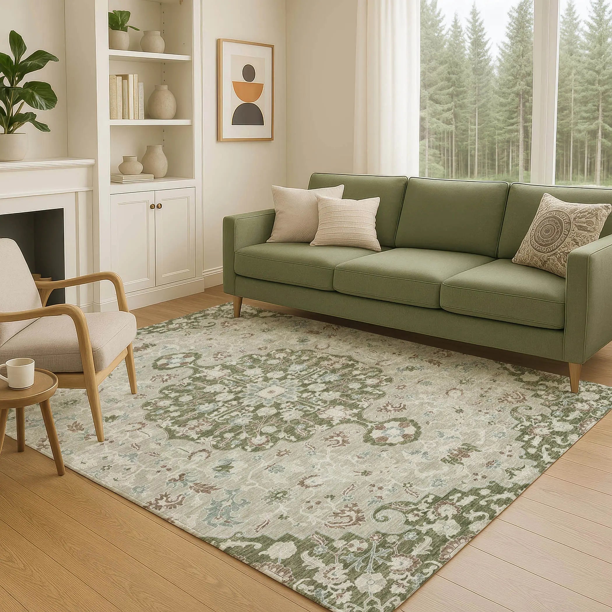 10' X 14' Olive Green And Sage Floral Medallion Washable Indoor Outdoor Area Rug Homeroots Outdoor