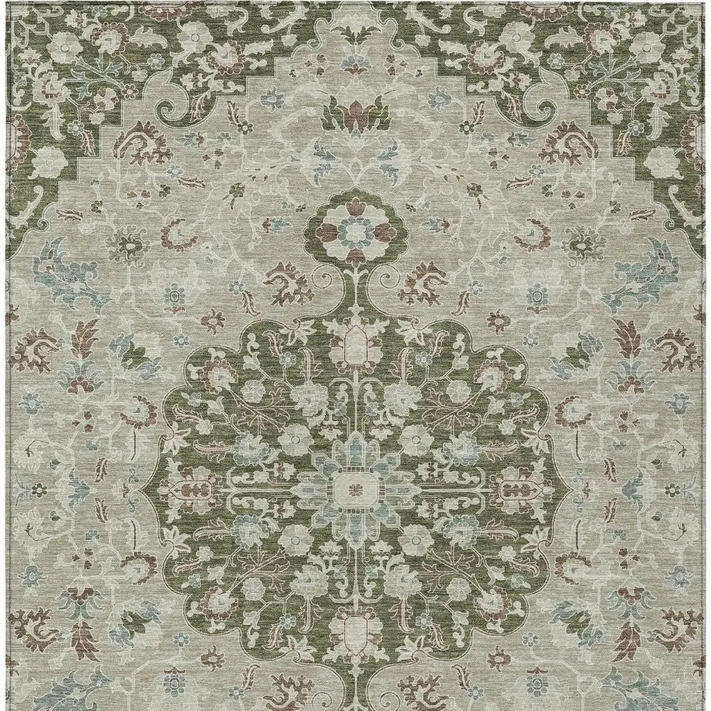 10' X 14' Olive Green And Sage Floral Medallion Washable Indoor Outdoor Area Rug Homeroots Outdoor