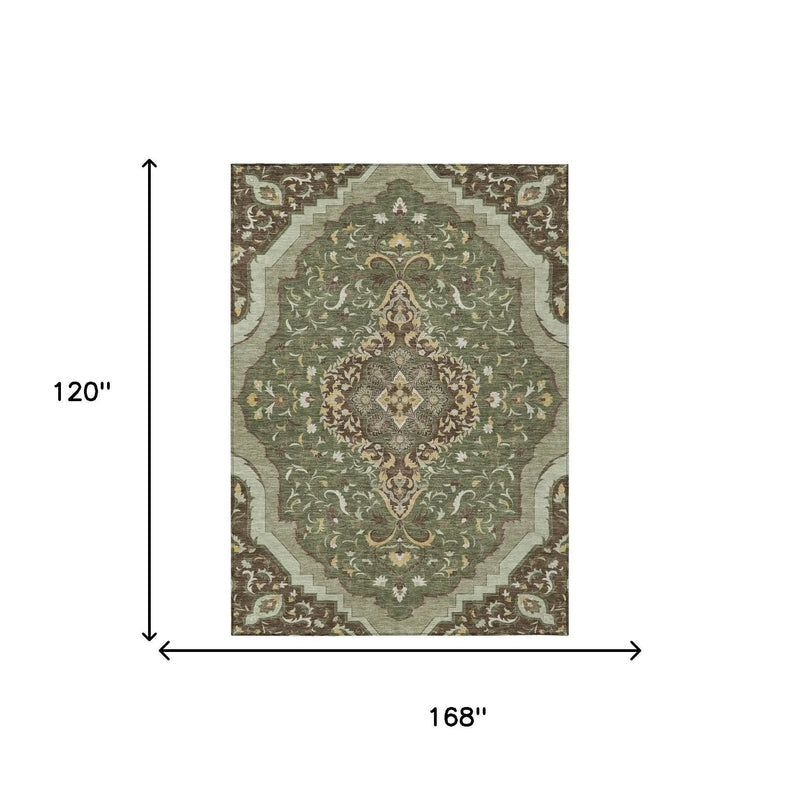 10' X 14' Olive Green And Taupe Medallion Washable Indoor Outdoor Area Rug Homeroots Outdoor