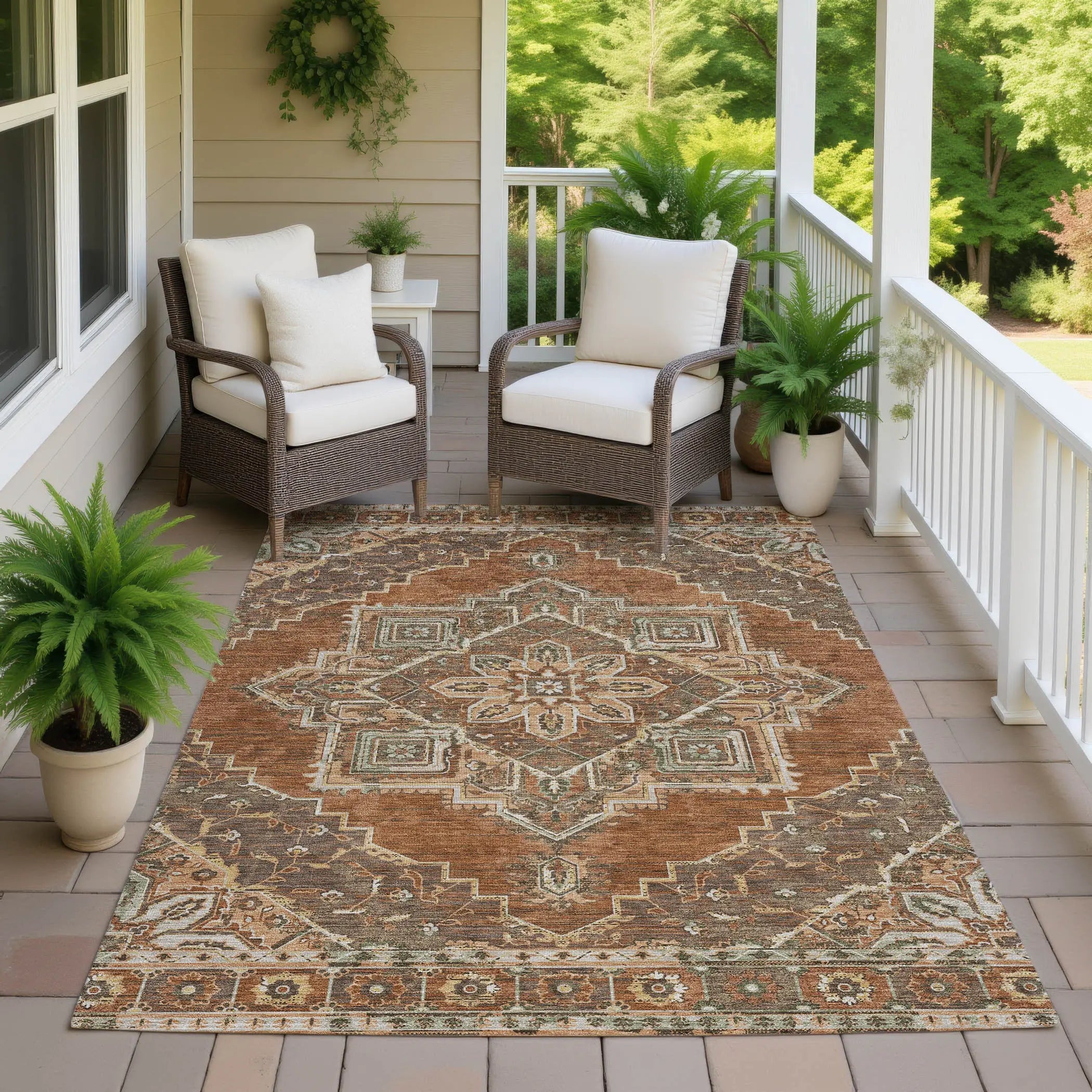 10' X 14' Orange And Aqua Oriental Washable Indoor Outdoor Area Rug Homeroots Outdoor