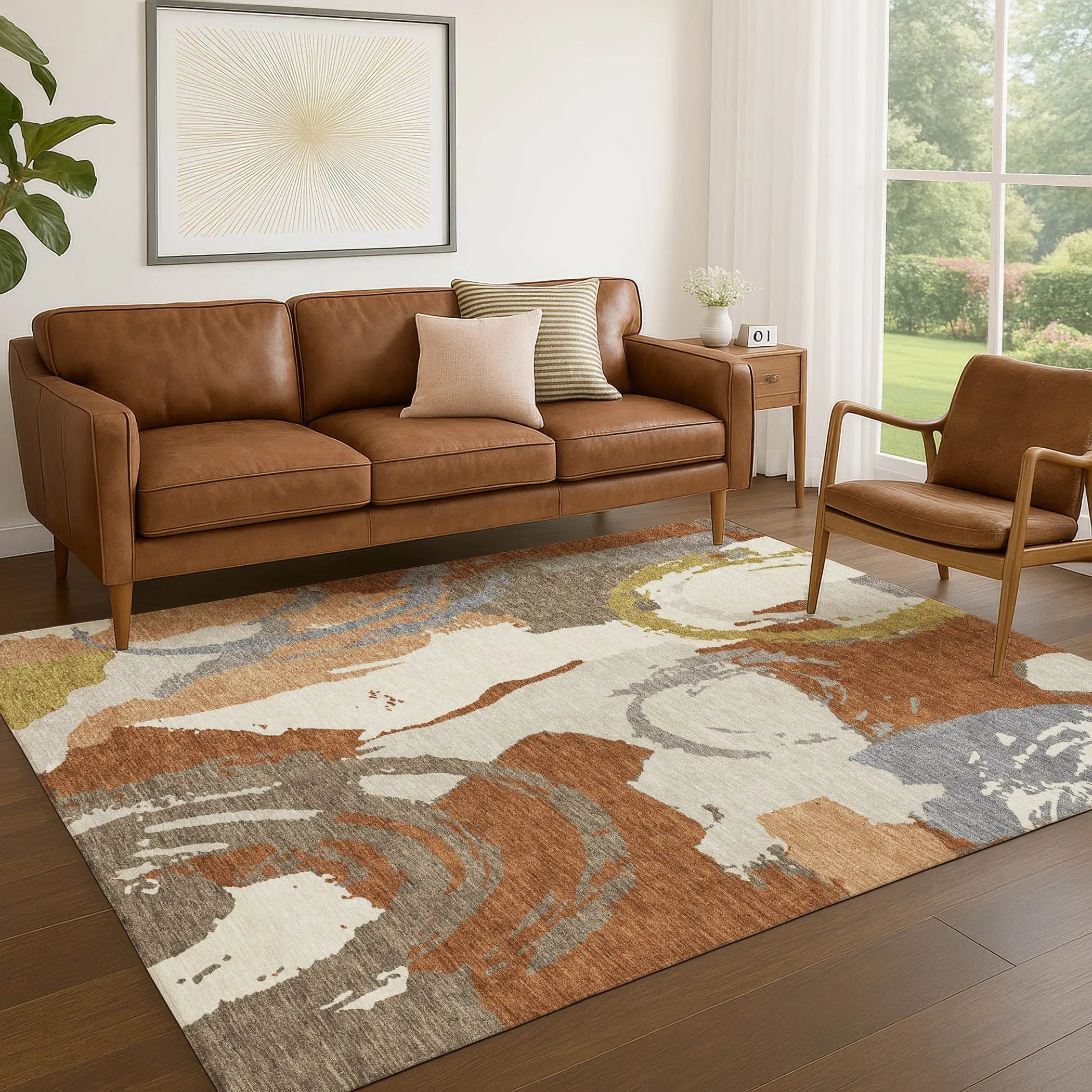 10' X 14' Orange And Beige Abstract Washable Indoor Outdoor Area Rug Homeroots Outdoor