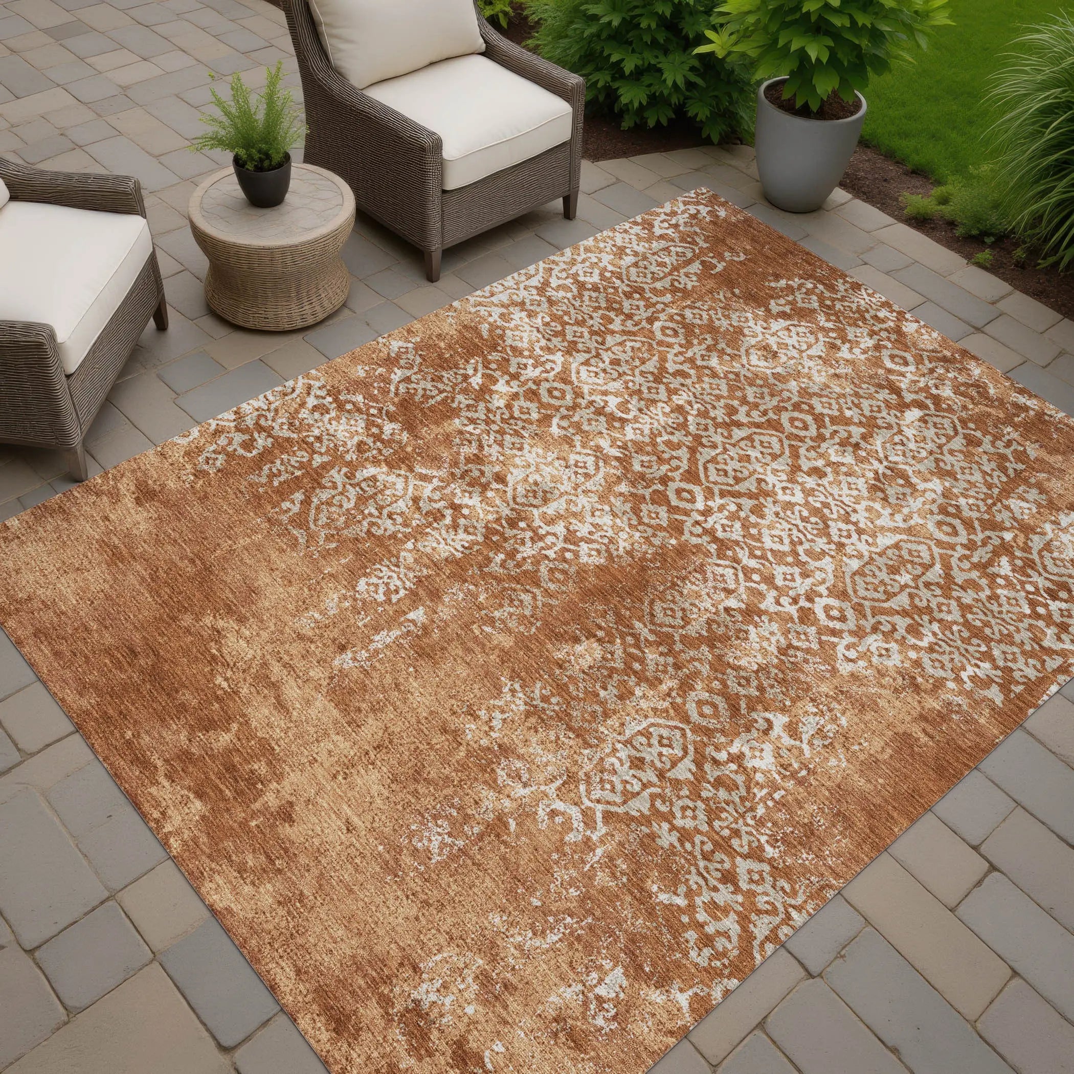10' X 14' Orange And Beige Oriental Washable Indoor Outdoor Area Rug Homeroots Outdoor