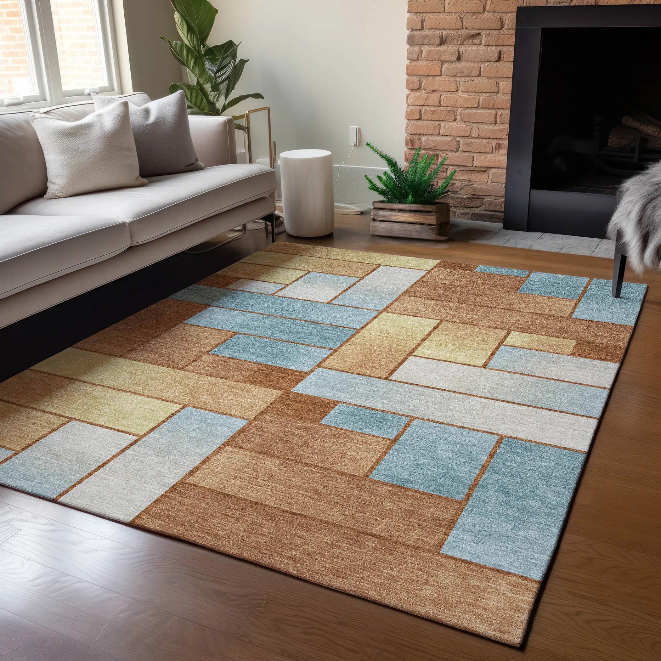 10' X 14' Orange And Blue Geometric Washable Indoor Outdoor Area Rug Homeroots Outdoor