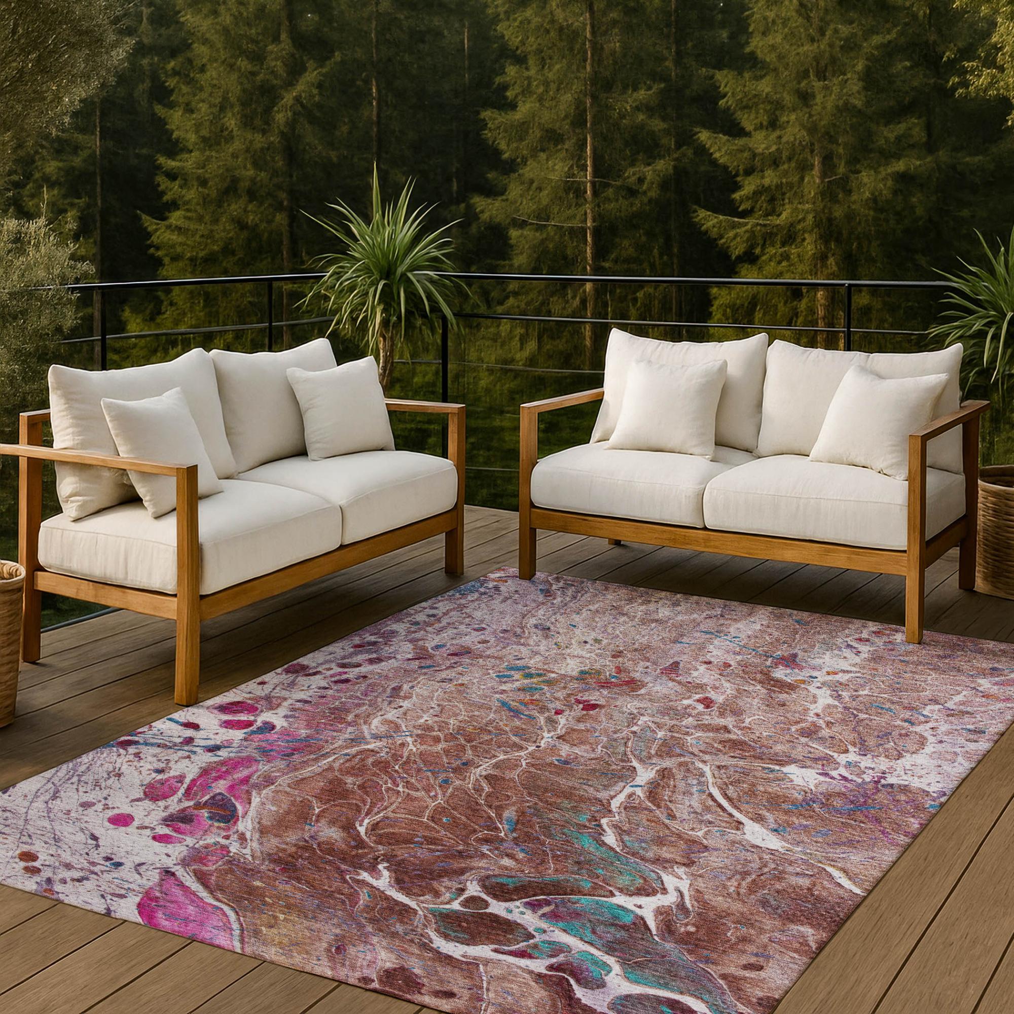 10' X 14' Orange And Blush Abstract Washable Indoor Outdoor Area Rug Homeroots Outdoor