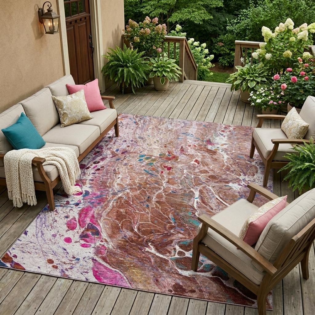 10' X 14' Orange And Blush Abstract Washable Indoor Outdoor Area Rug Homeroots Outdoor