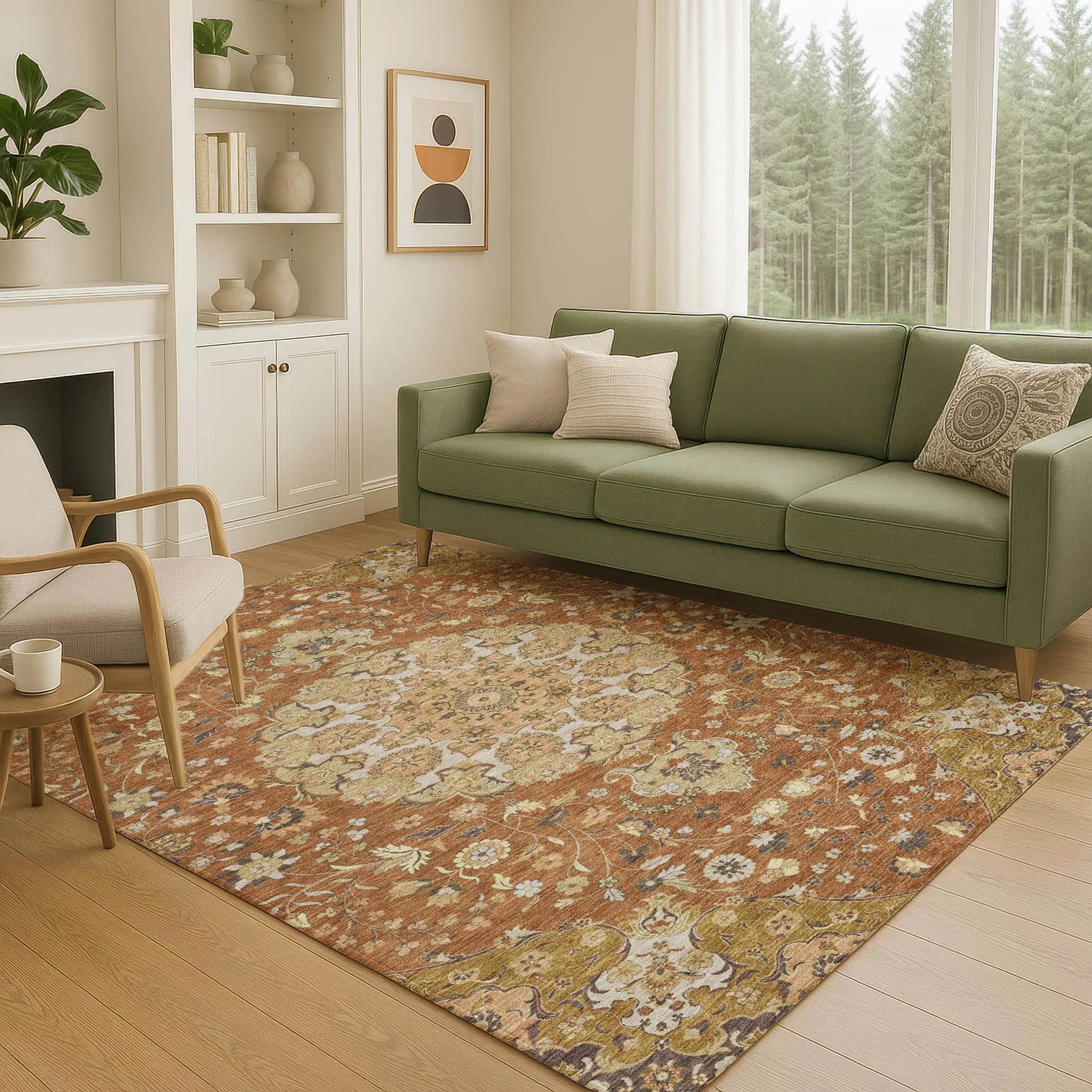 10' X 14' Orange And Brown Damask Washable Indoor Outdoor Area Rug Homeroots Outdoor