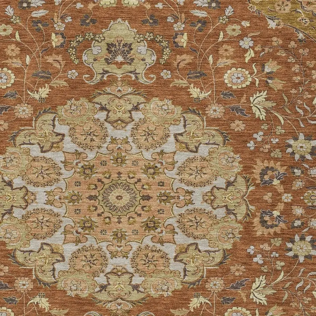 10' X 14' Orange And Brown Damask Washable Indoor Outdoor Area Rug Homeroots Outdoor