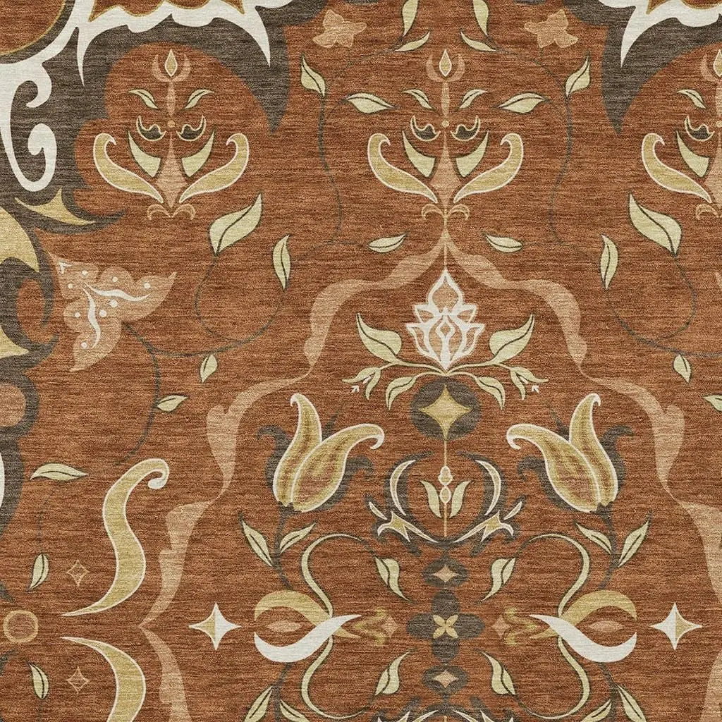 10' X 14' Orange And Brown Damask Washable Indoor Outdoor Area Rug Homeroots Outdoor