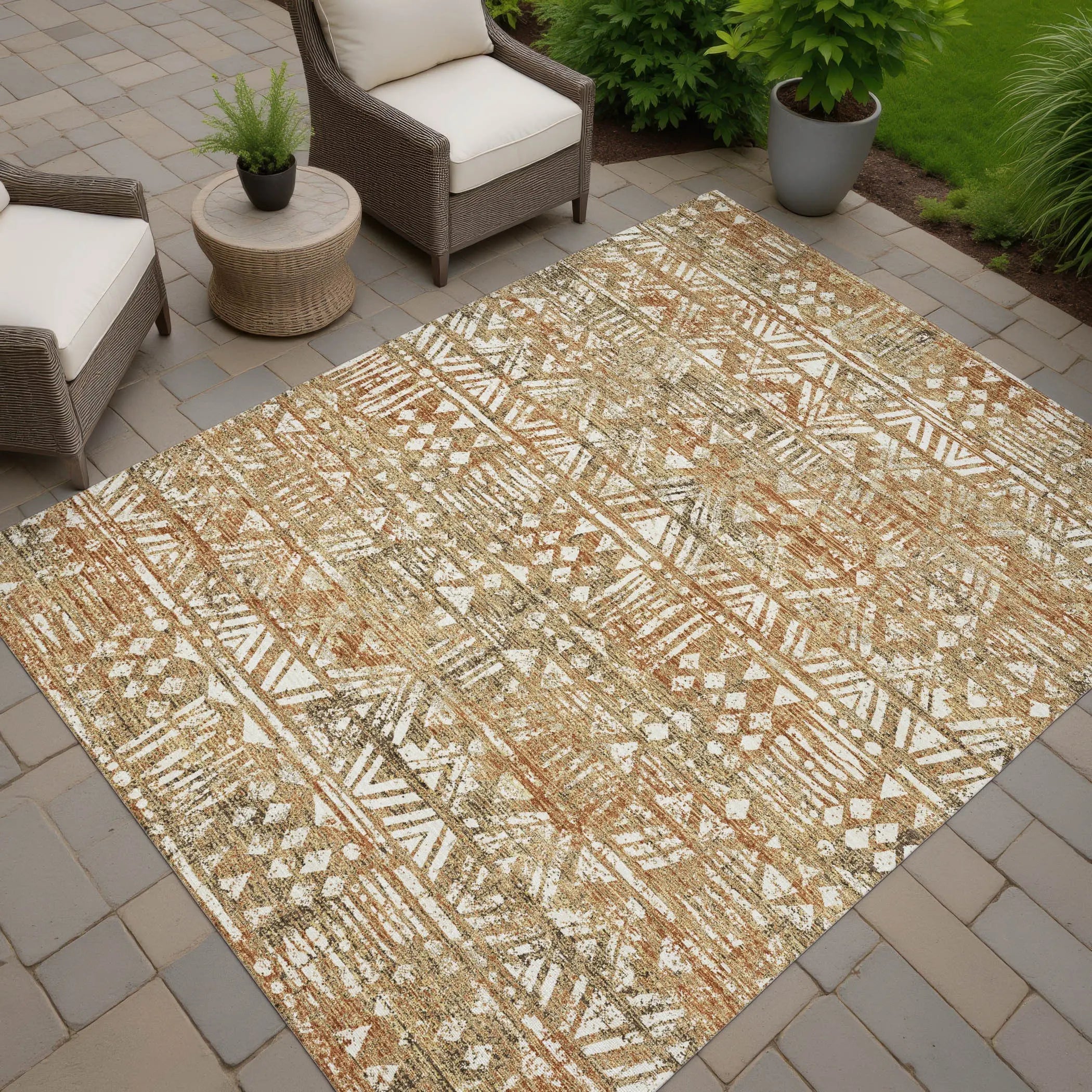10' X 14' Orange And Brown Geometric Washable Indoor Outdoor Area Rug Homeroots Outdoor