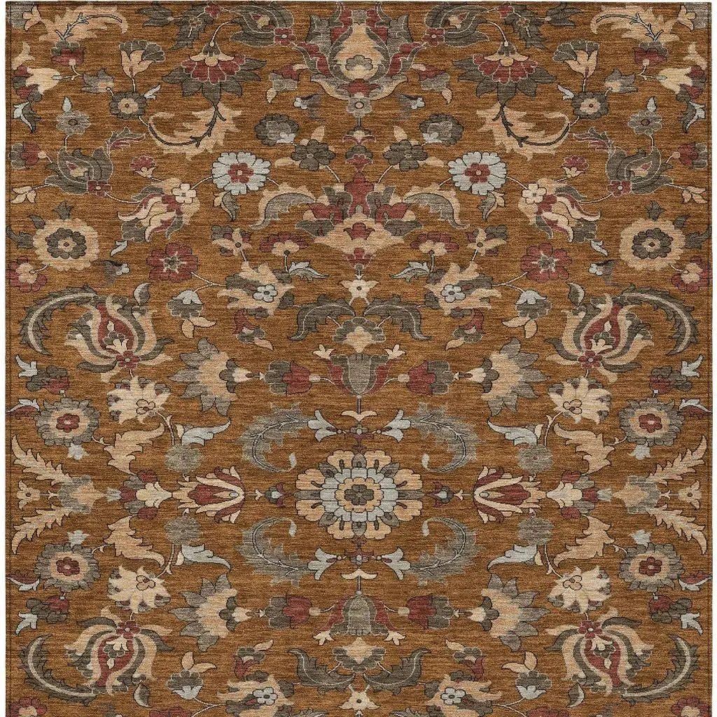 10' X 14' Orange And Burgundy Floral Medallion Washable Indoor Outdoor Area Rug Homeroots Outdoor