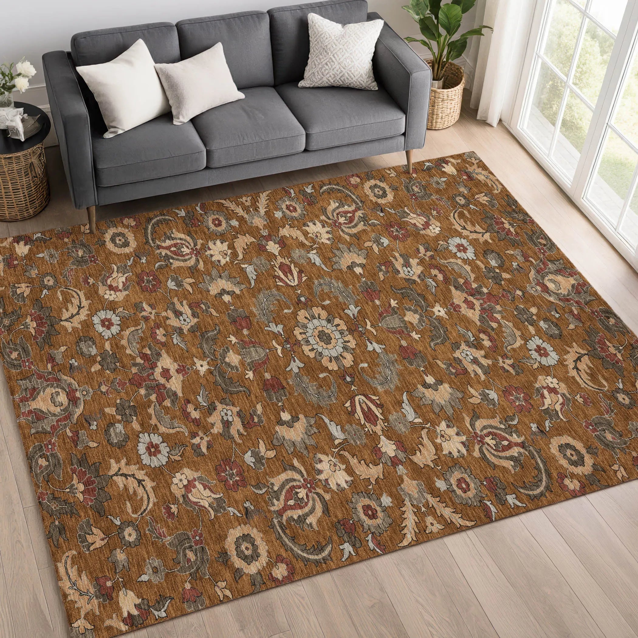 10' X 14' Orange And Burgundy Floral Medallion Washable Indoor Outdoor Area Rug Homeroots Outdoor