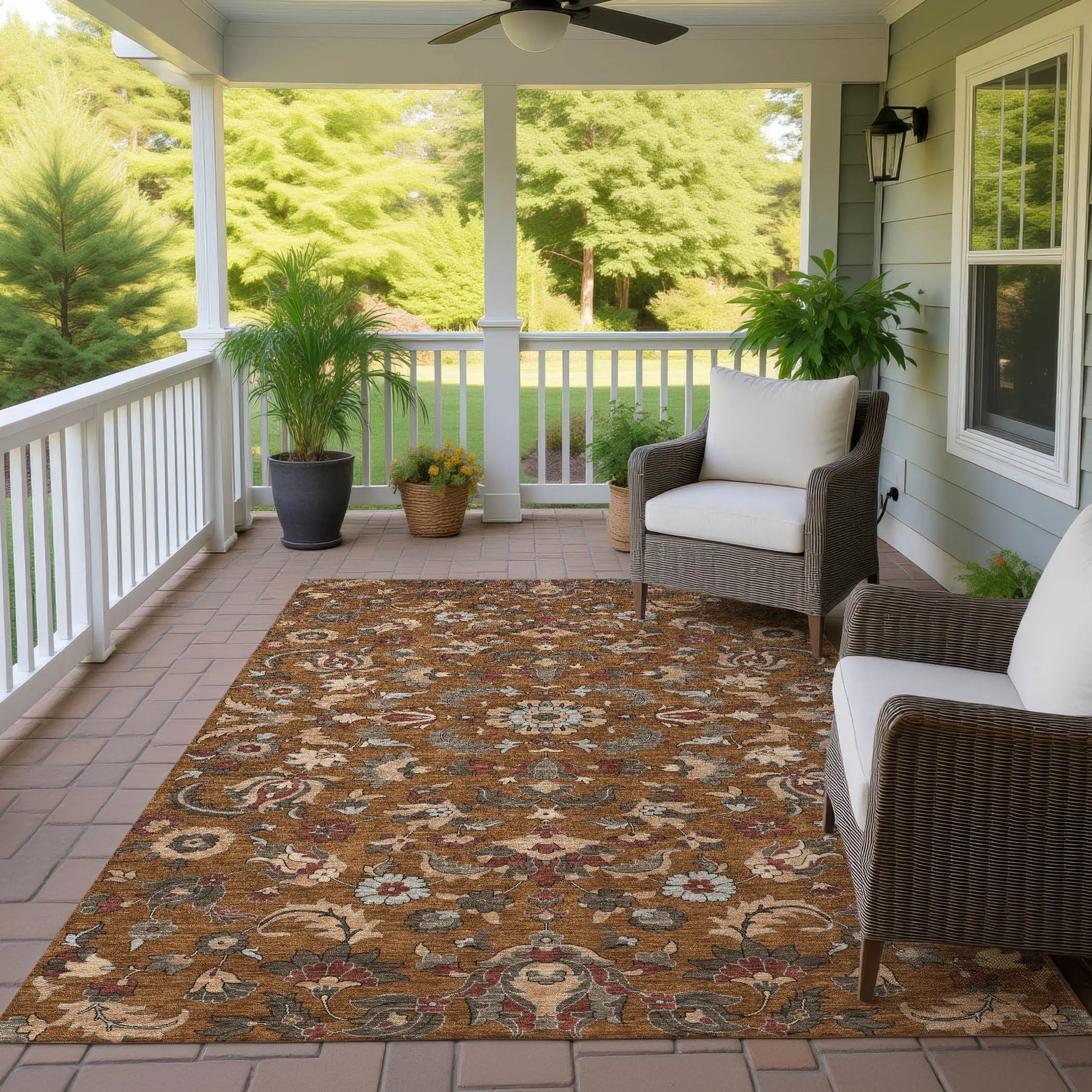 10' X 14' Orange And Burgundy Floral Medallion Washable Indoor Outdoor Area Rug Homeroots Outdoor
